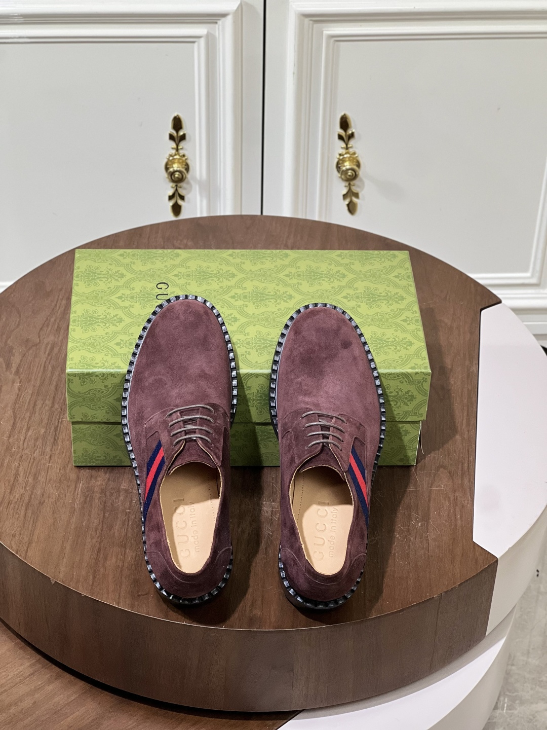 Gucci Men’s Burgundy Suede Derby Shoes with Web Stripe