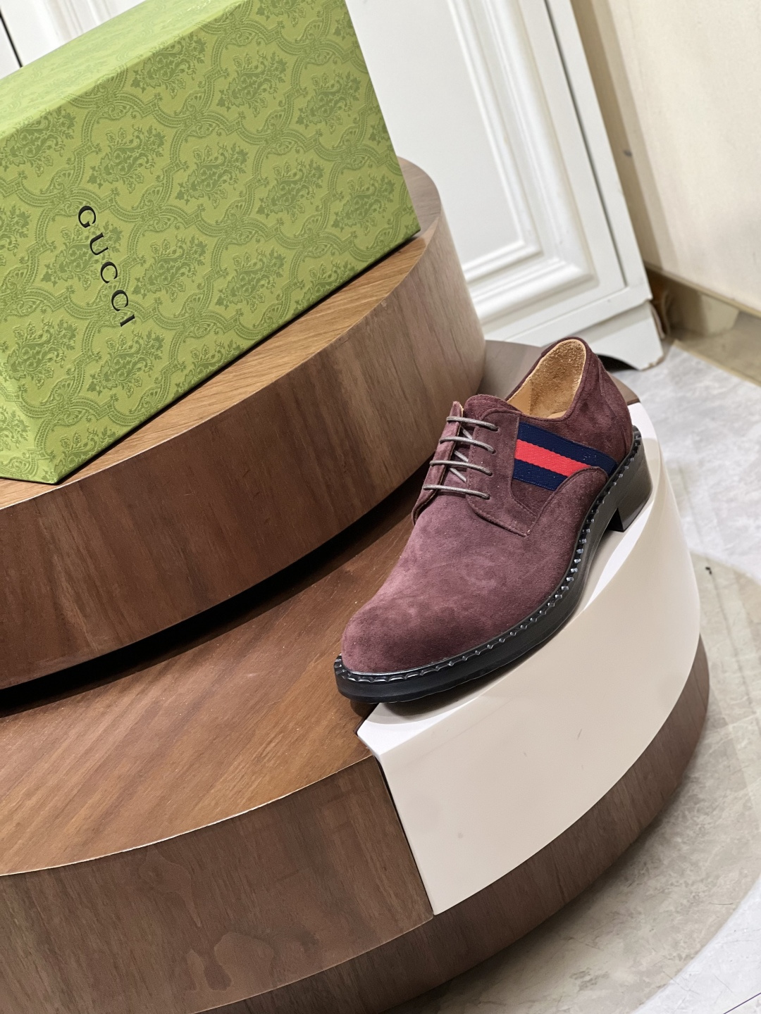 Gucci Men’s Burgundy Suede Derby Shoes with Web Stripe