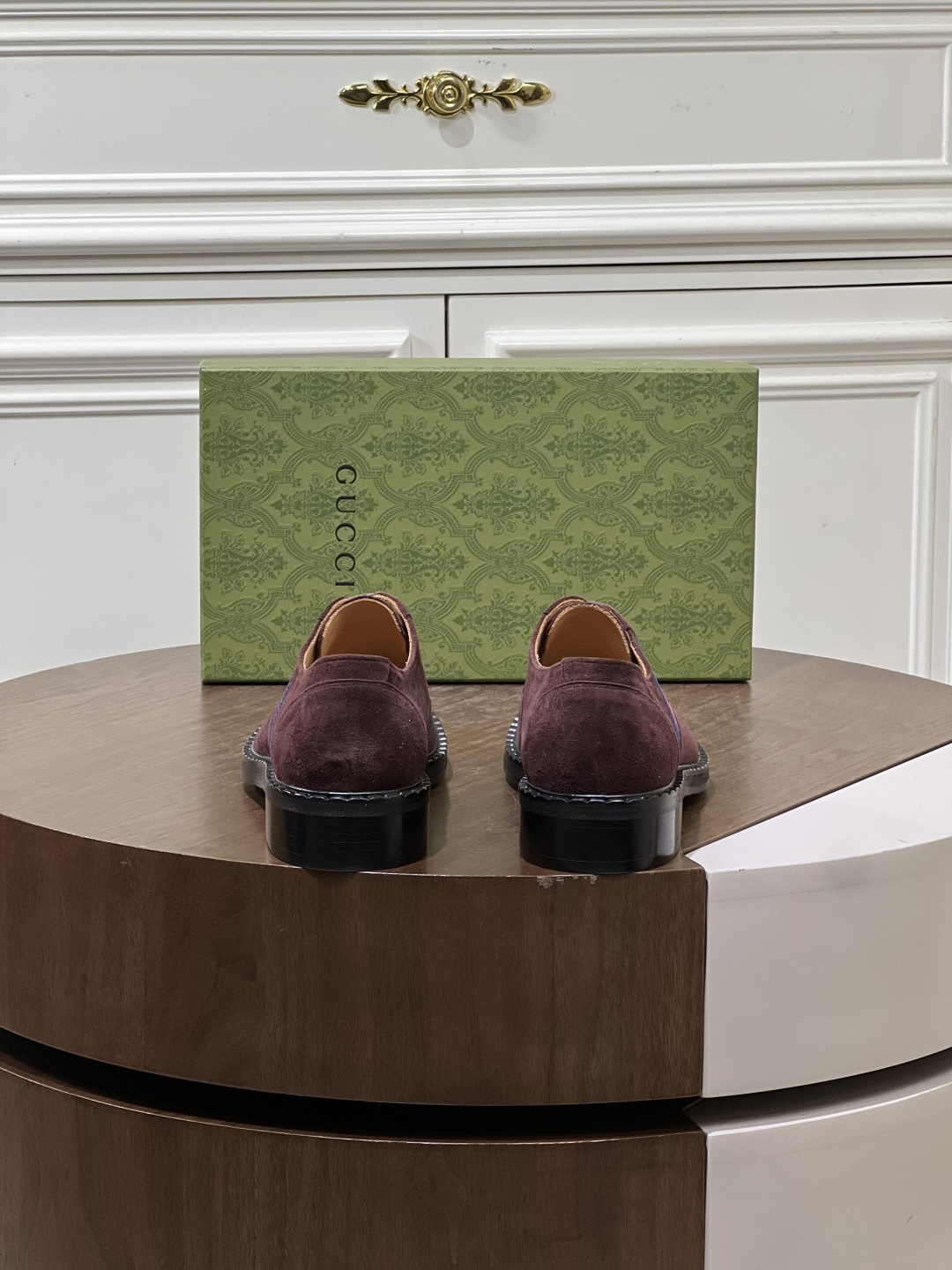 Gucci Men’s Burgundy Suede Derby Shoes with Web Stripe