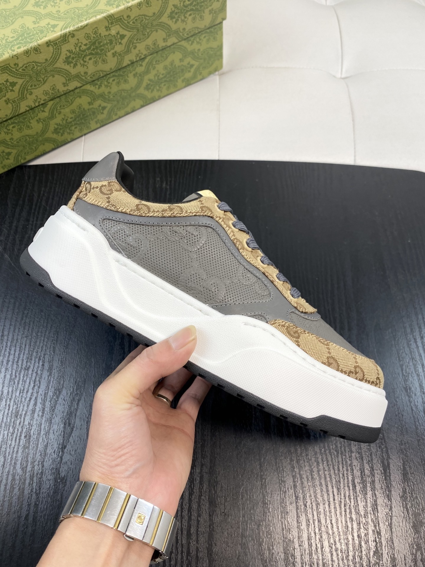 Gucci Men’s GG Supreme Canvas and Grey Leather Sneakers