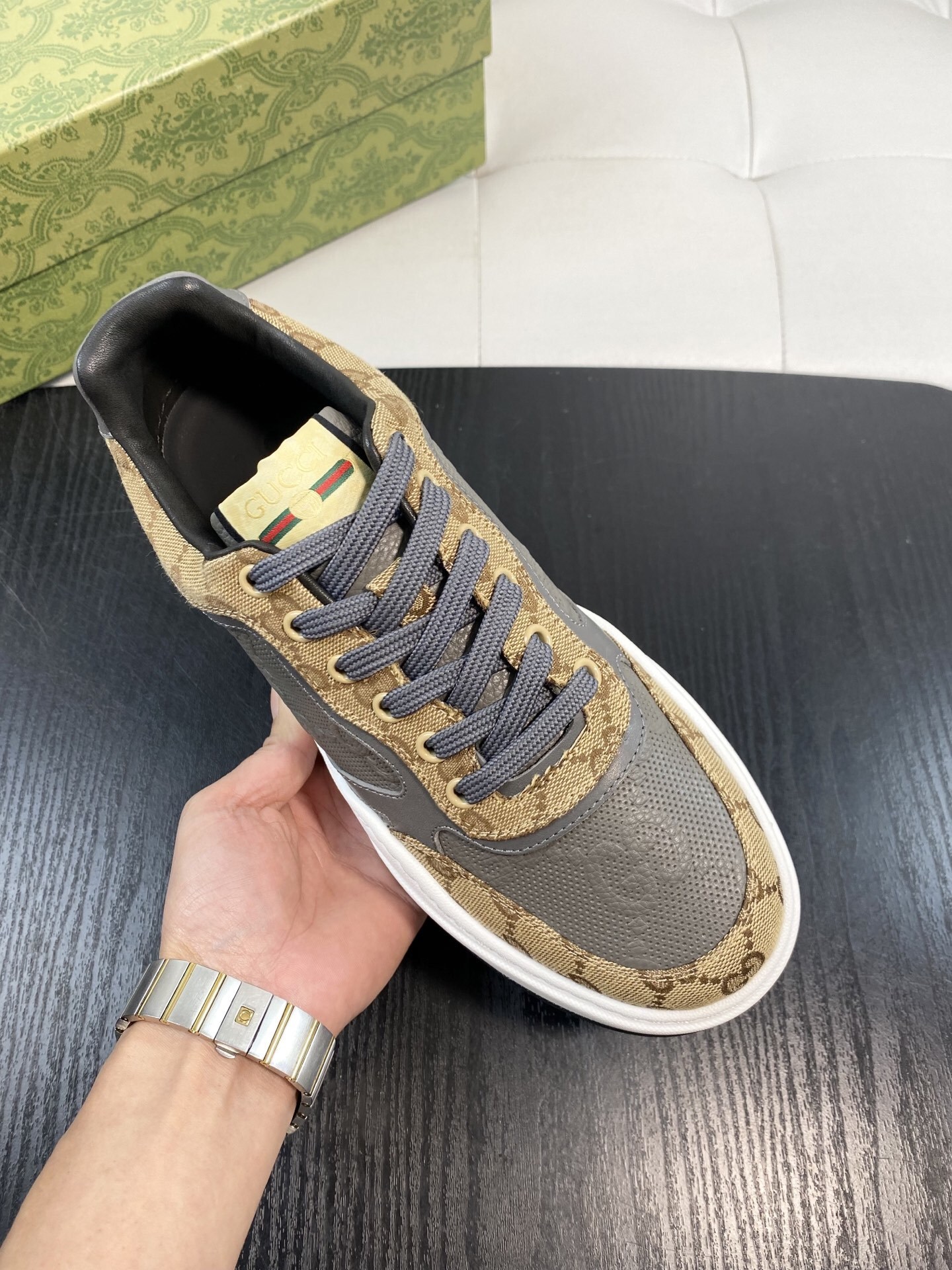 Gucci Men’s GG Supreme Canvas and Grey Leather Sneakers