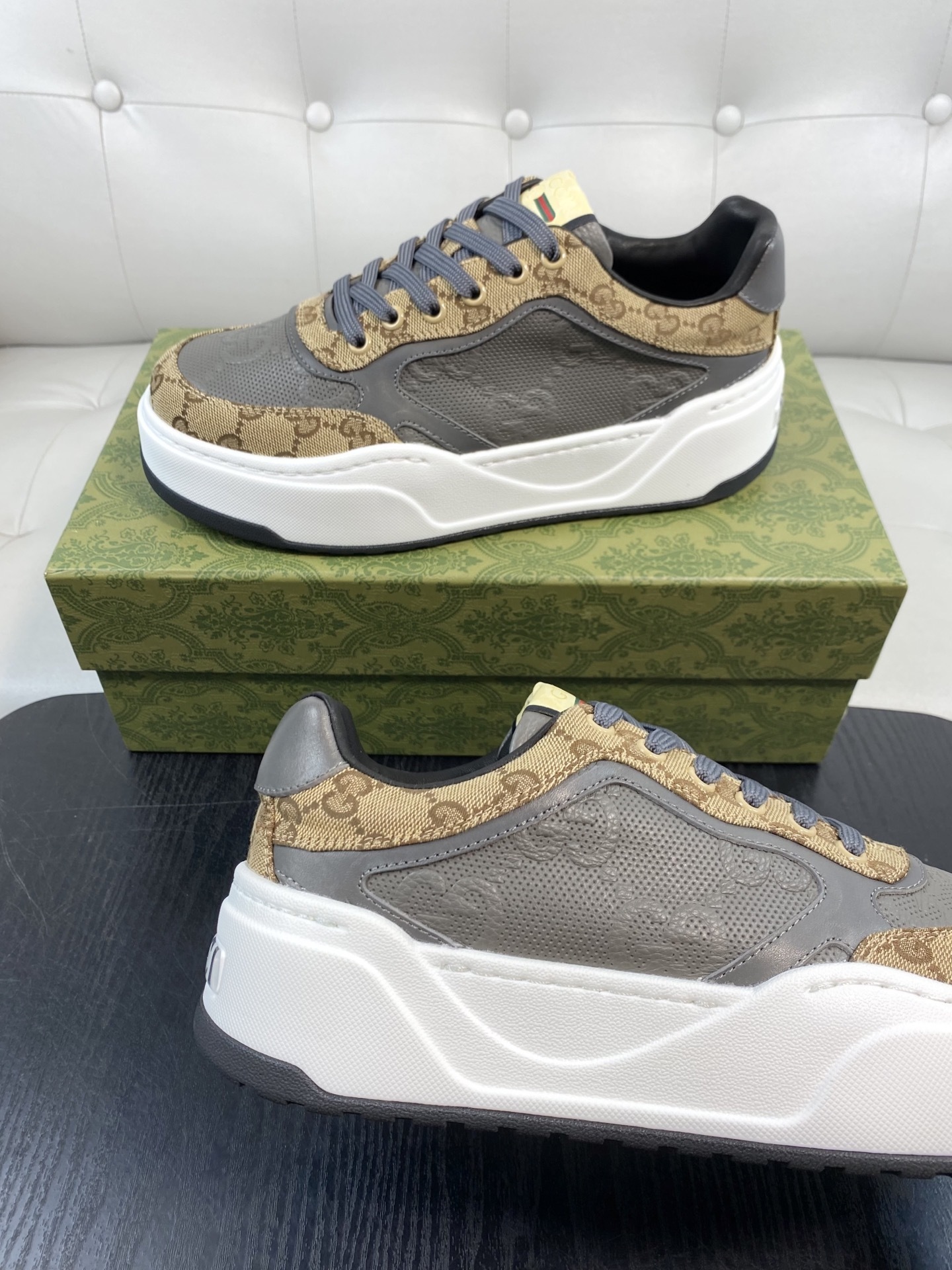 Gucci Men’s GG Supreme Canvas and Grey Leather Sneakers