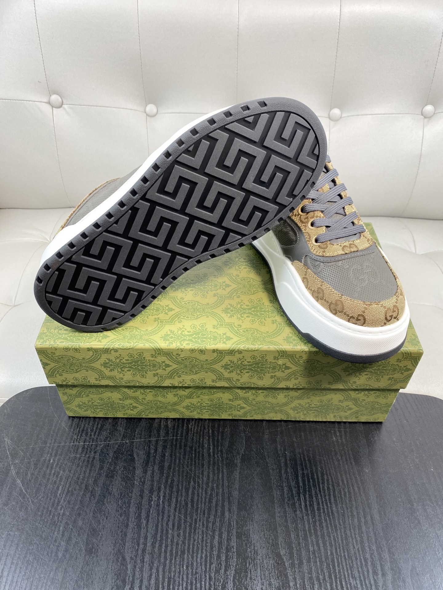 Gucci Men’s GG Supreme Canvas and Grey Leather Sneakers