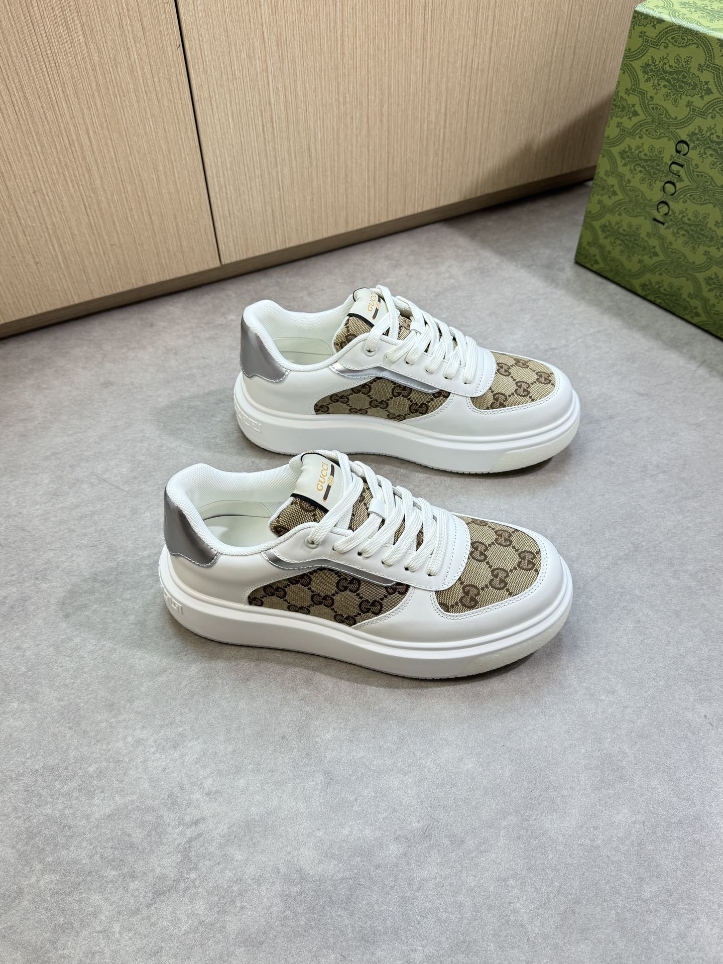 Gucci Men’s GG Supreme Canvas and White Leather Sneakers