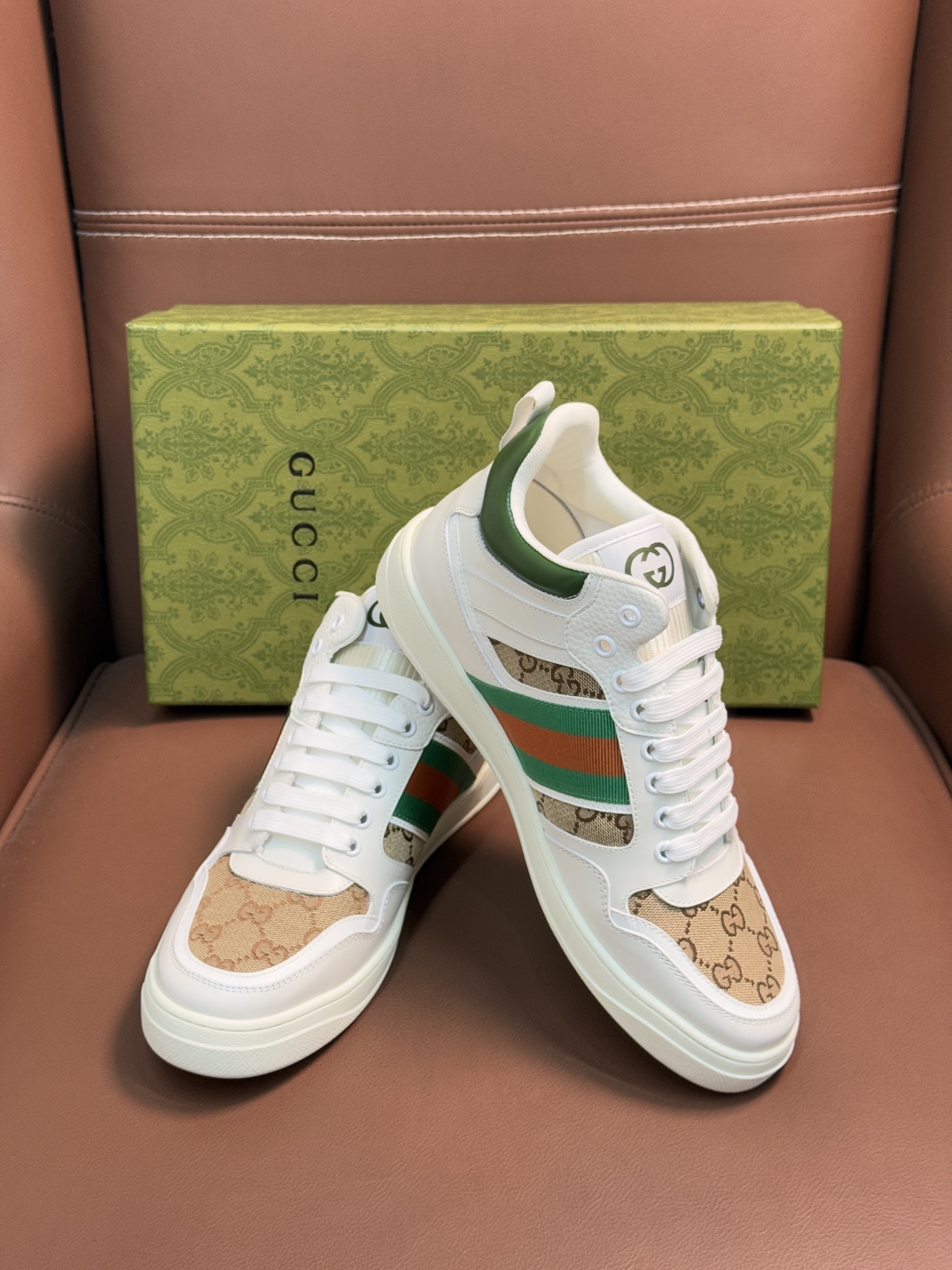 Gucci Men’s GG Supreme Canvas and White Leather Sneakers