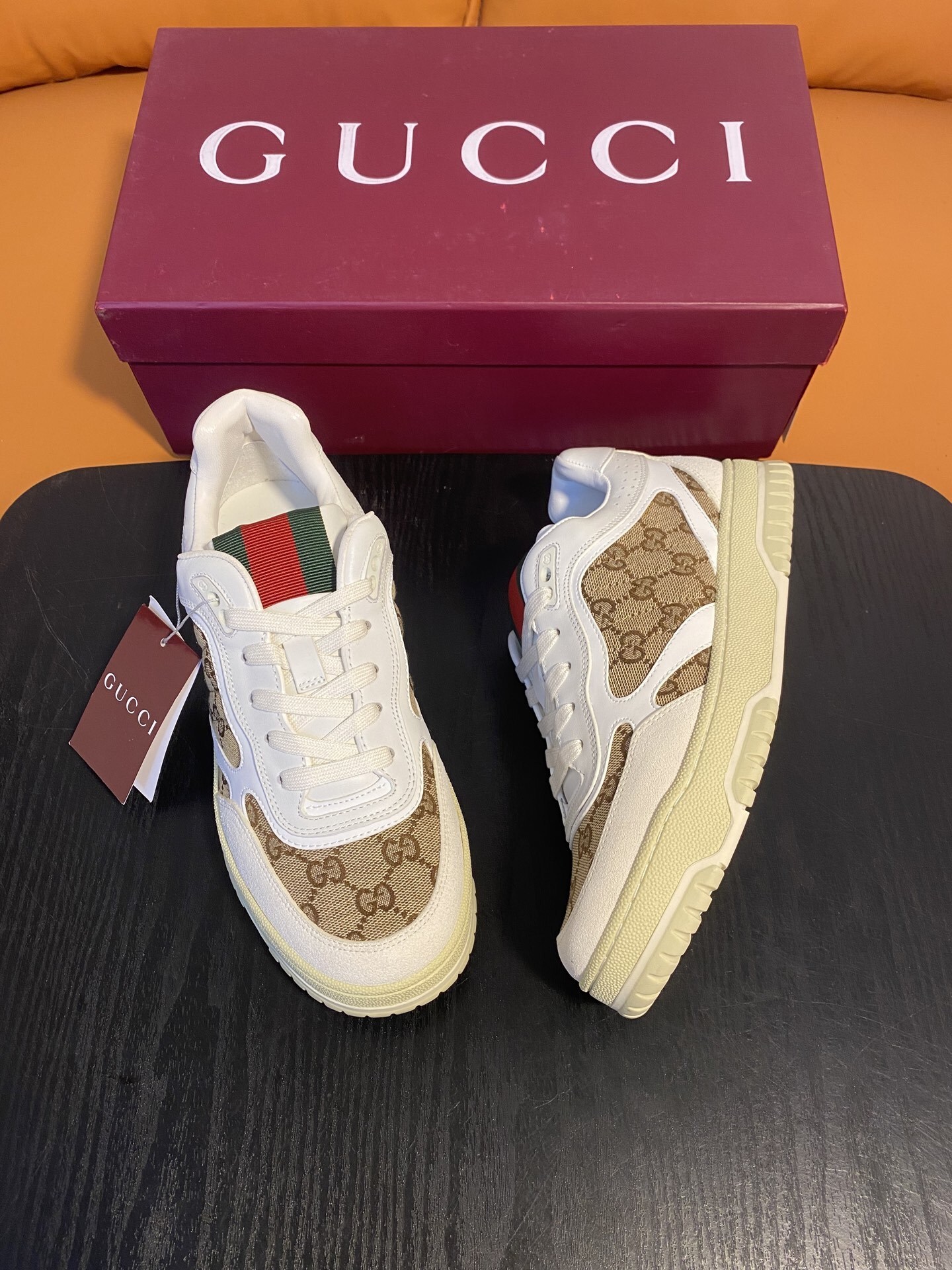 Gucci Men’s GG Supreme Canvas and White Leather Sneakers
