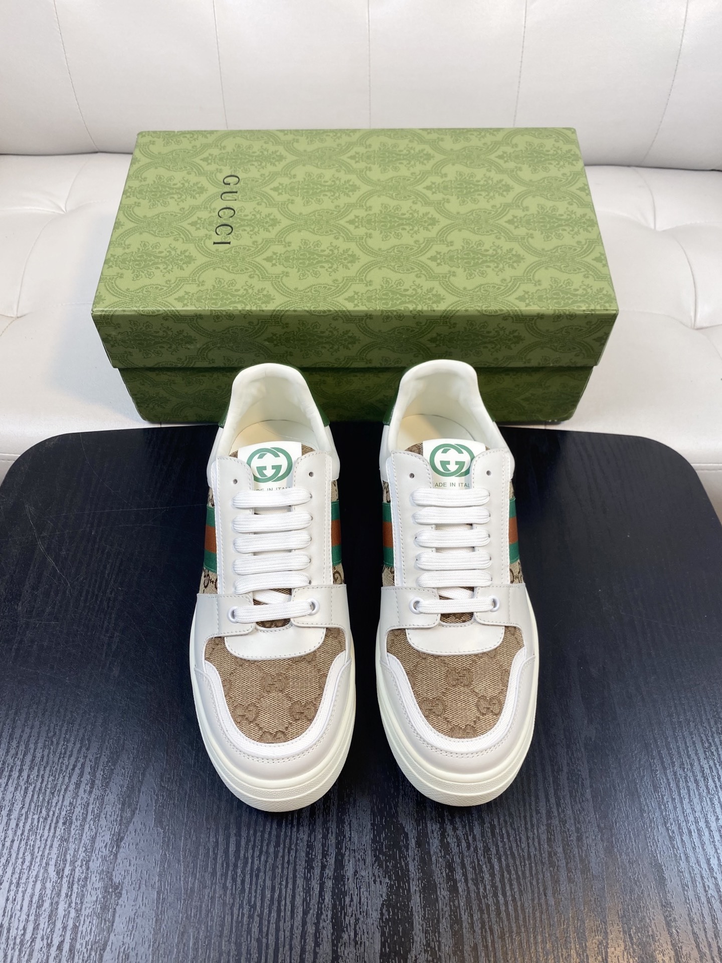 Gucci Men’s GG Supreme Canvas and White Leather Sneakers