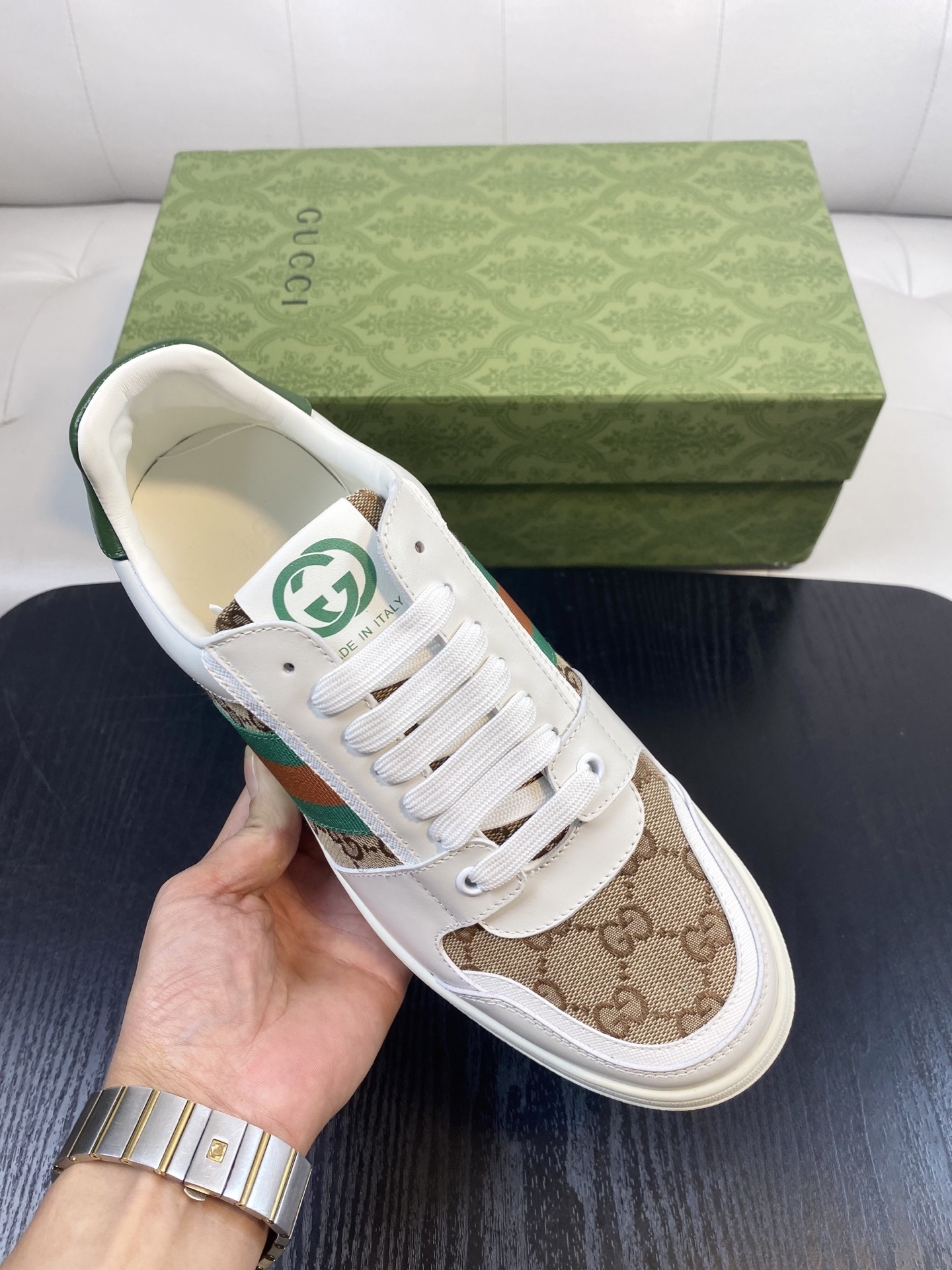 Gucci Men’s GG Supreme Canvas and White Leather Sneakers