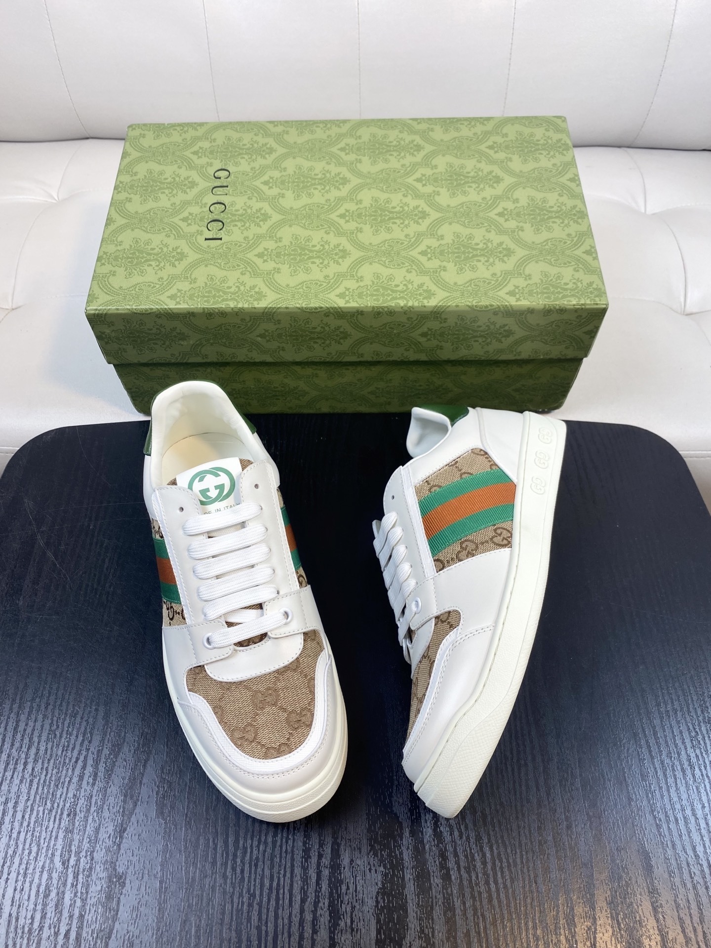 Gucci Men’s GG Supreme Canvas and White Leather Sneakers