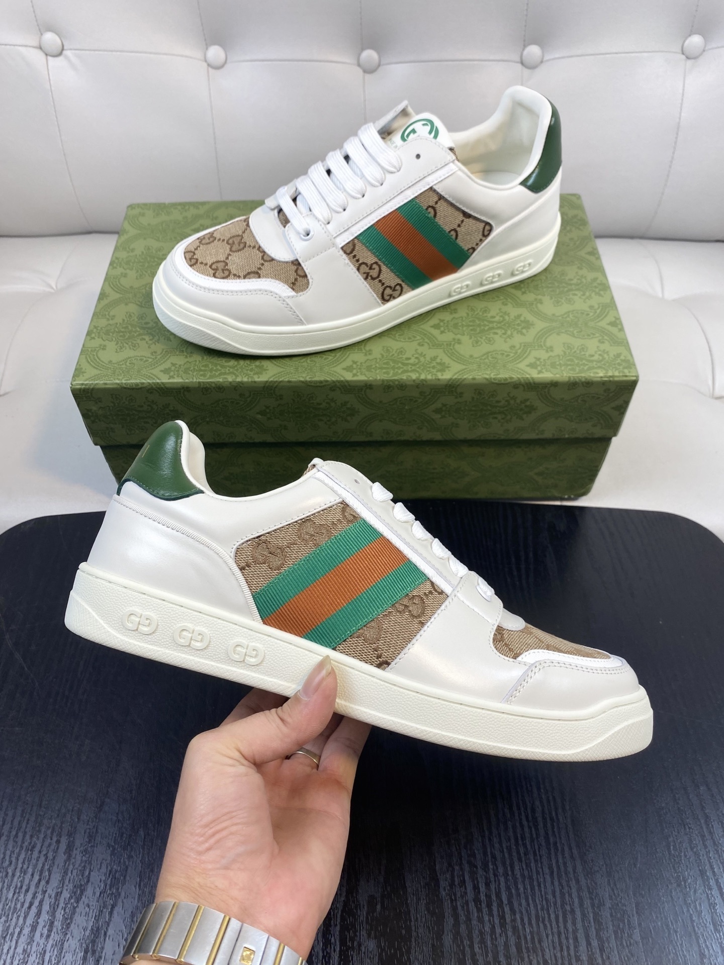 Gucci Men’s GG Supreme Canvas and White Leather Sneakers