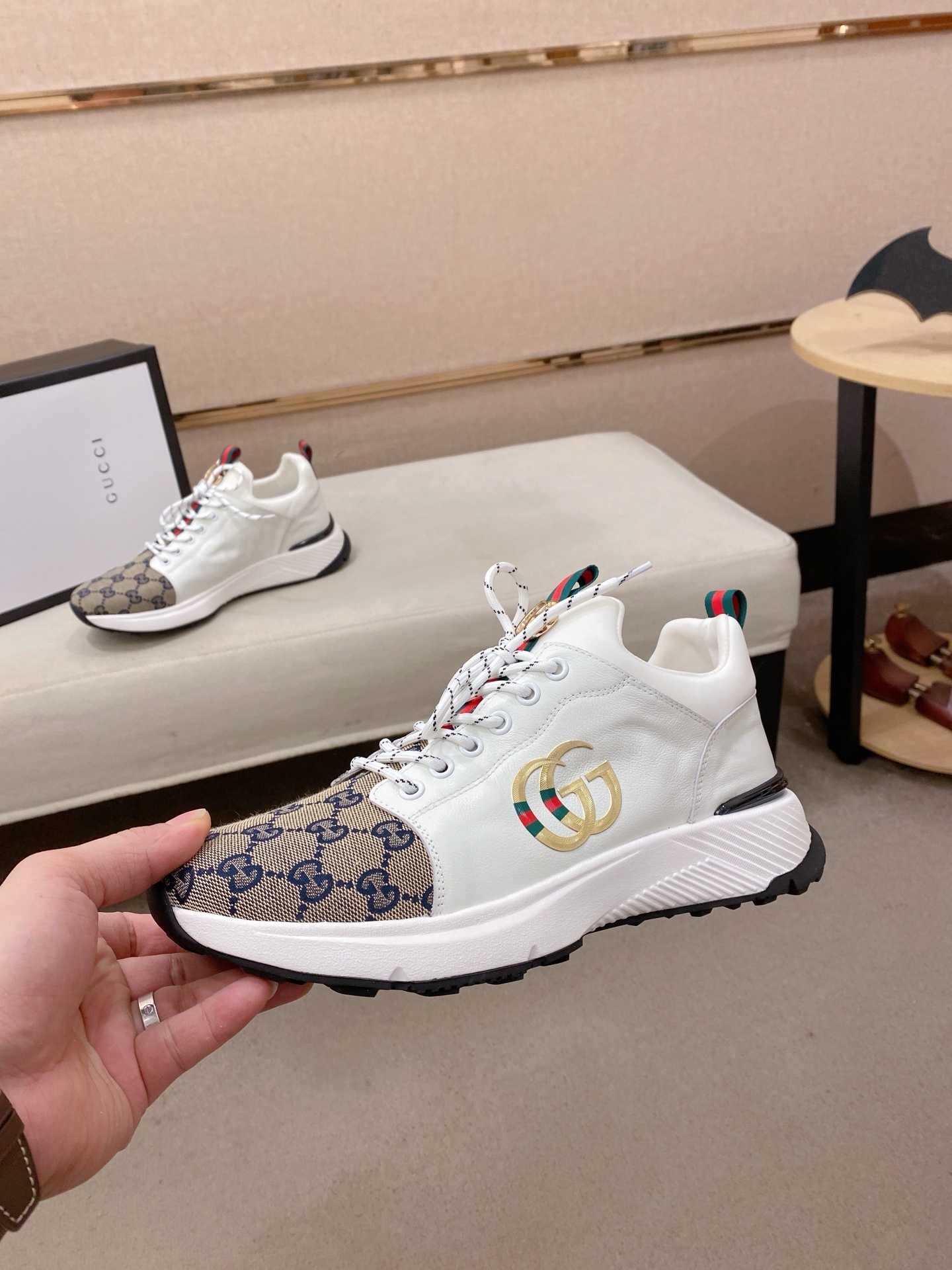 Gucci Men’s GG Supreme Canvas and White Leather Sneakers