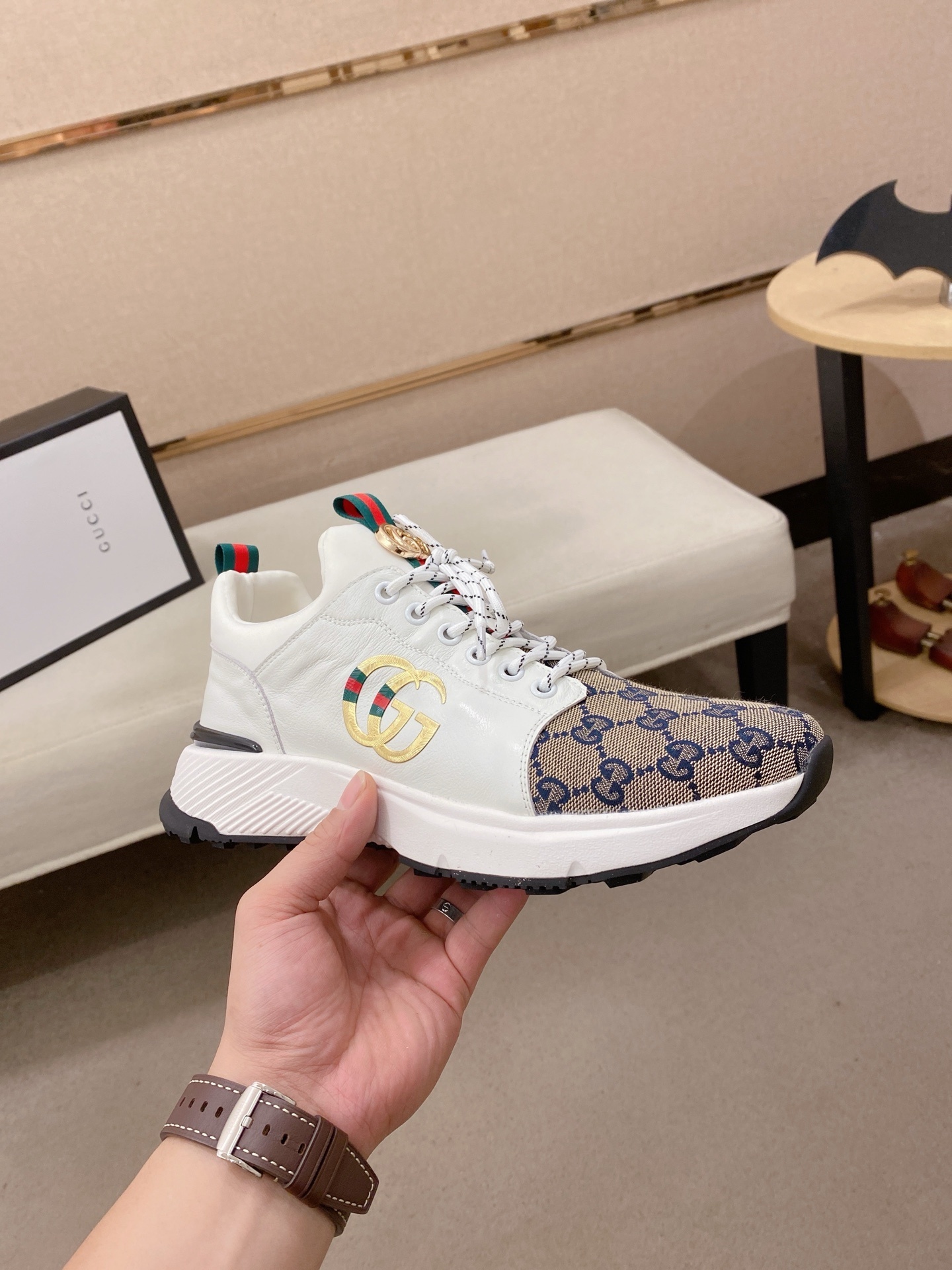 Gucci Men’s GG Supreme Canvas and White Leather Sneakers