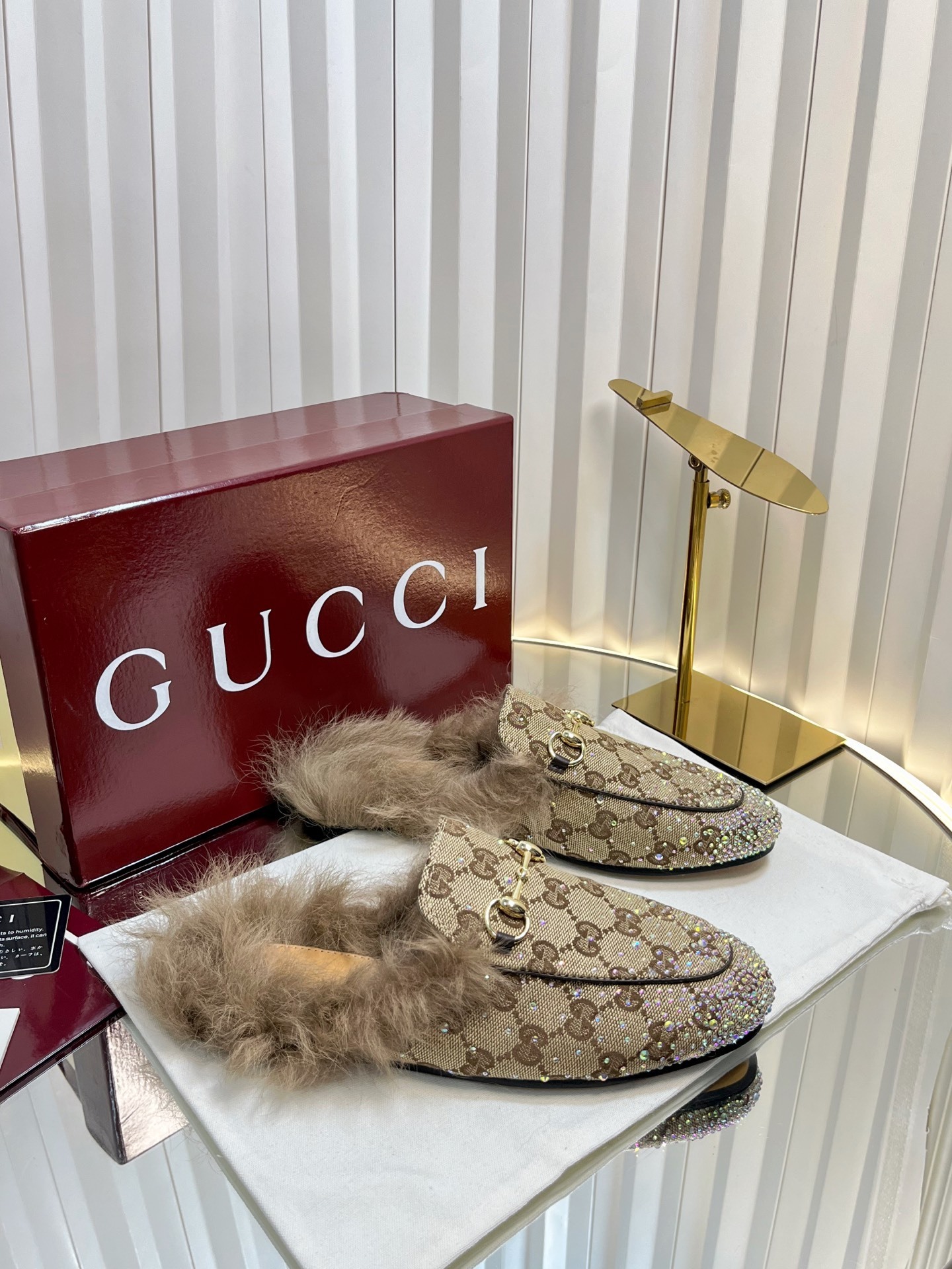 Gucci Princetown GG Canvas Mules with Crystals and Fur