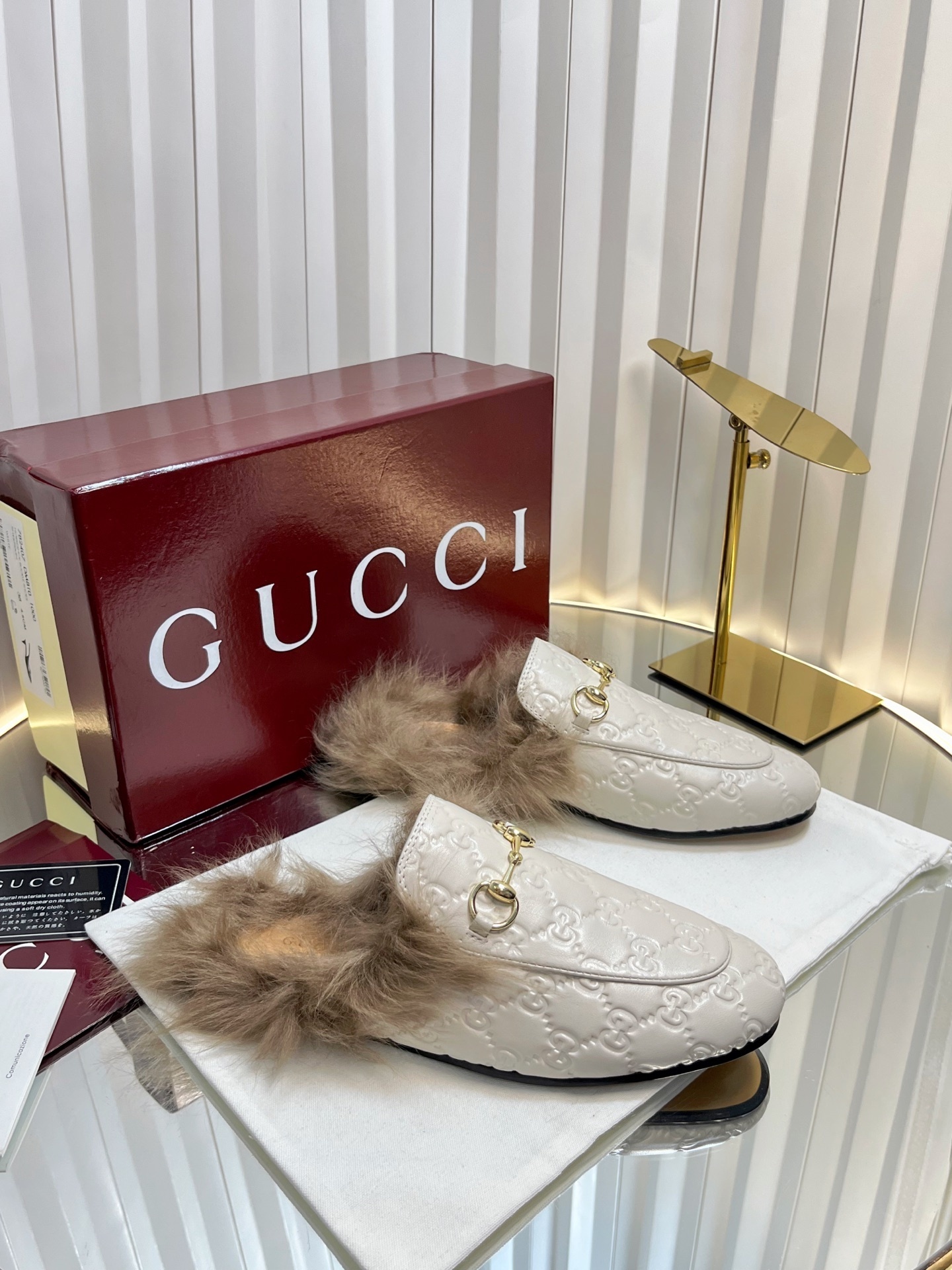 Gucci Cream Quilted Fur Mules