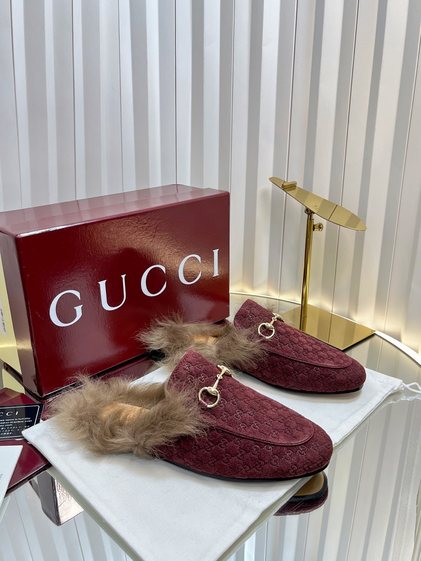 Gucci Princetown GG Monogram Suede Mules with Fur - Burgundy