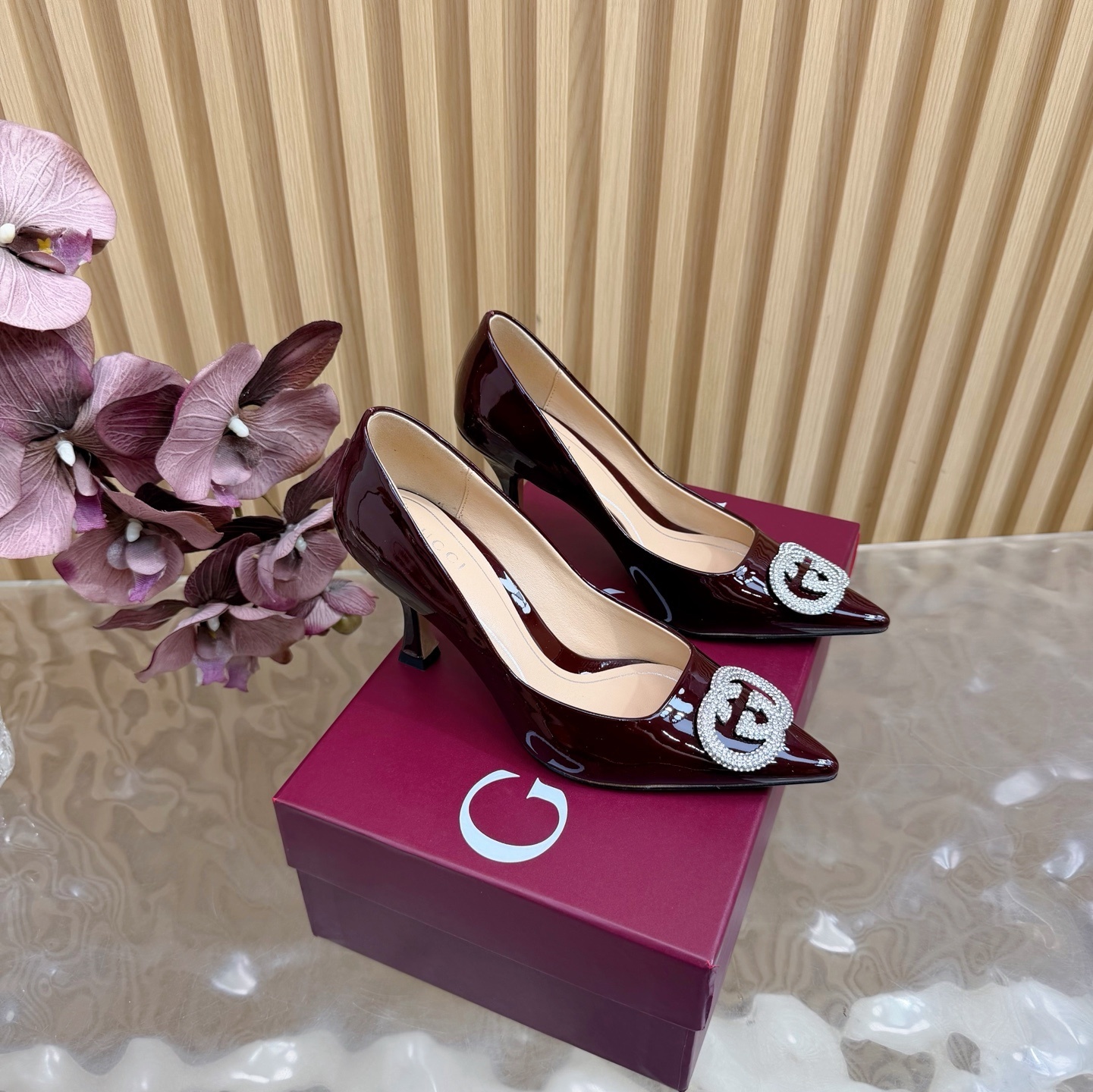 jeweled Gucci Burgundy Patent Leather Pumps