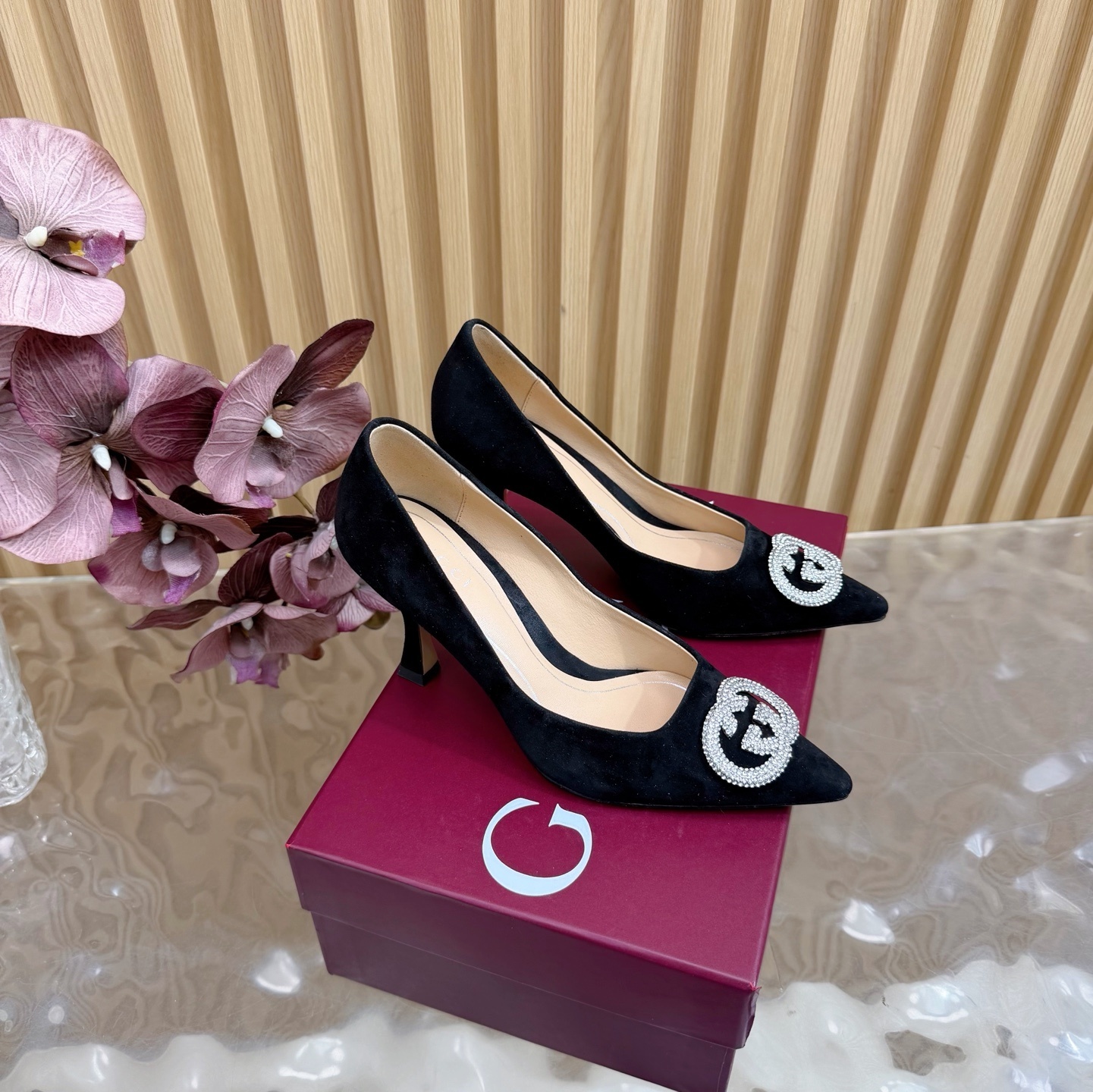 crystal Gucci Black Suede Pumps