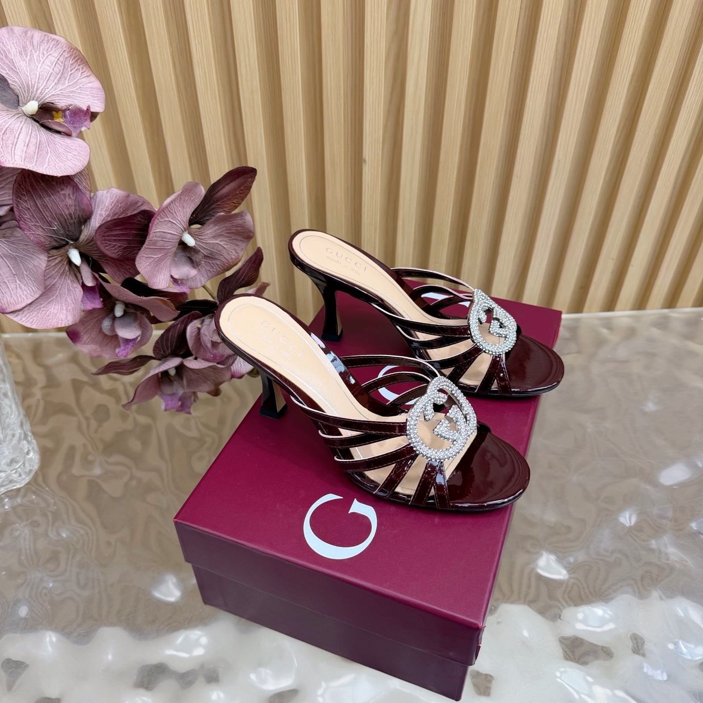 crystal Gucci Burgundy Patent Leather Mules