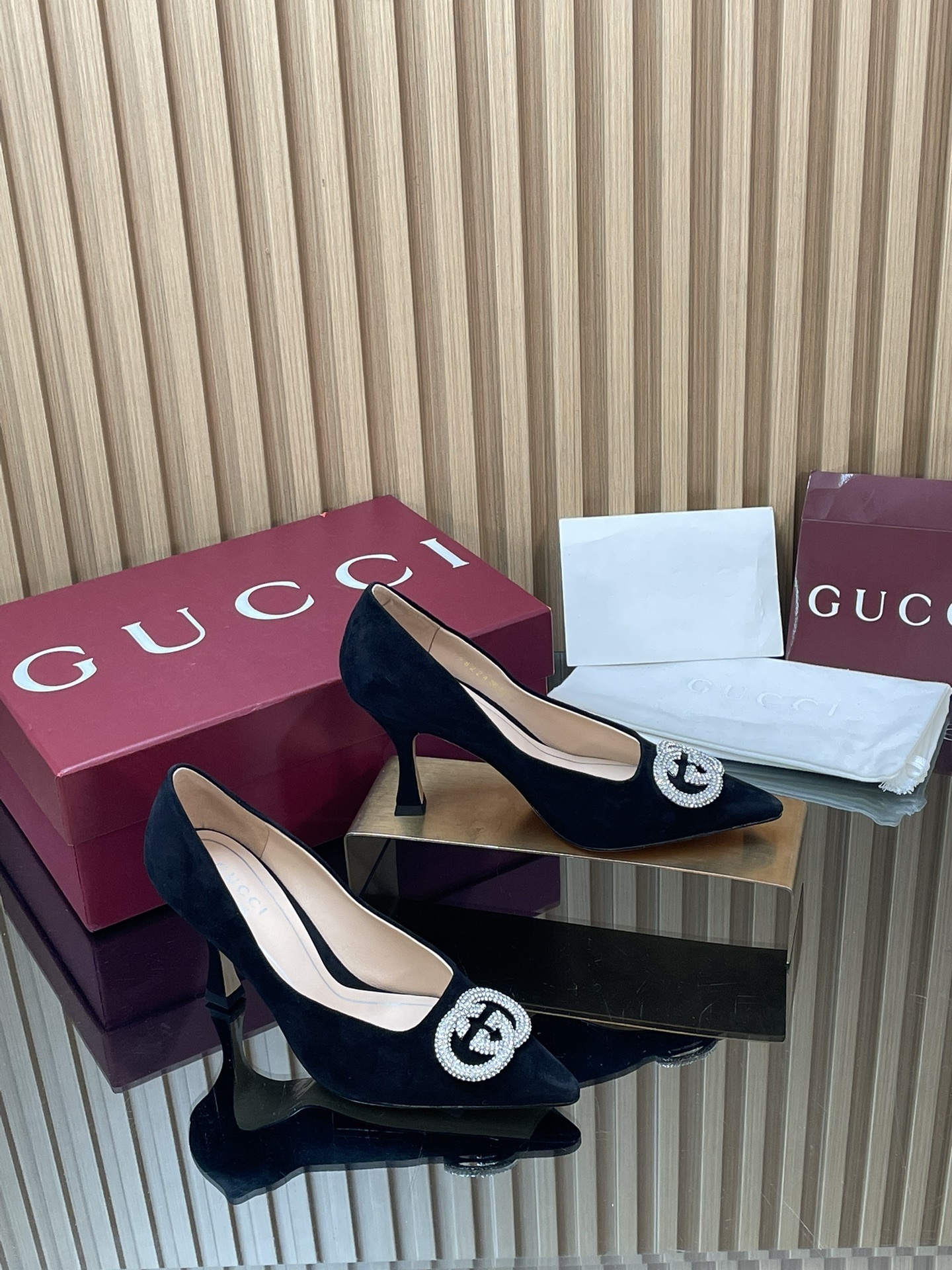 Gucci Black Suede Pumps - Crystal GG Logo Heels