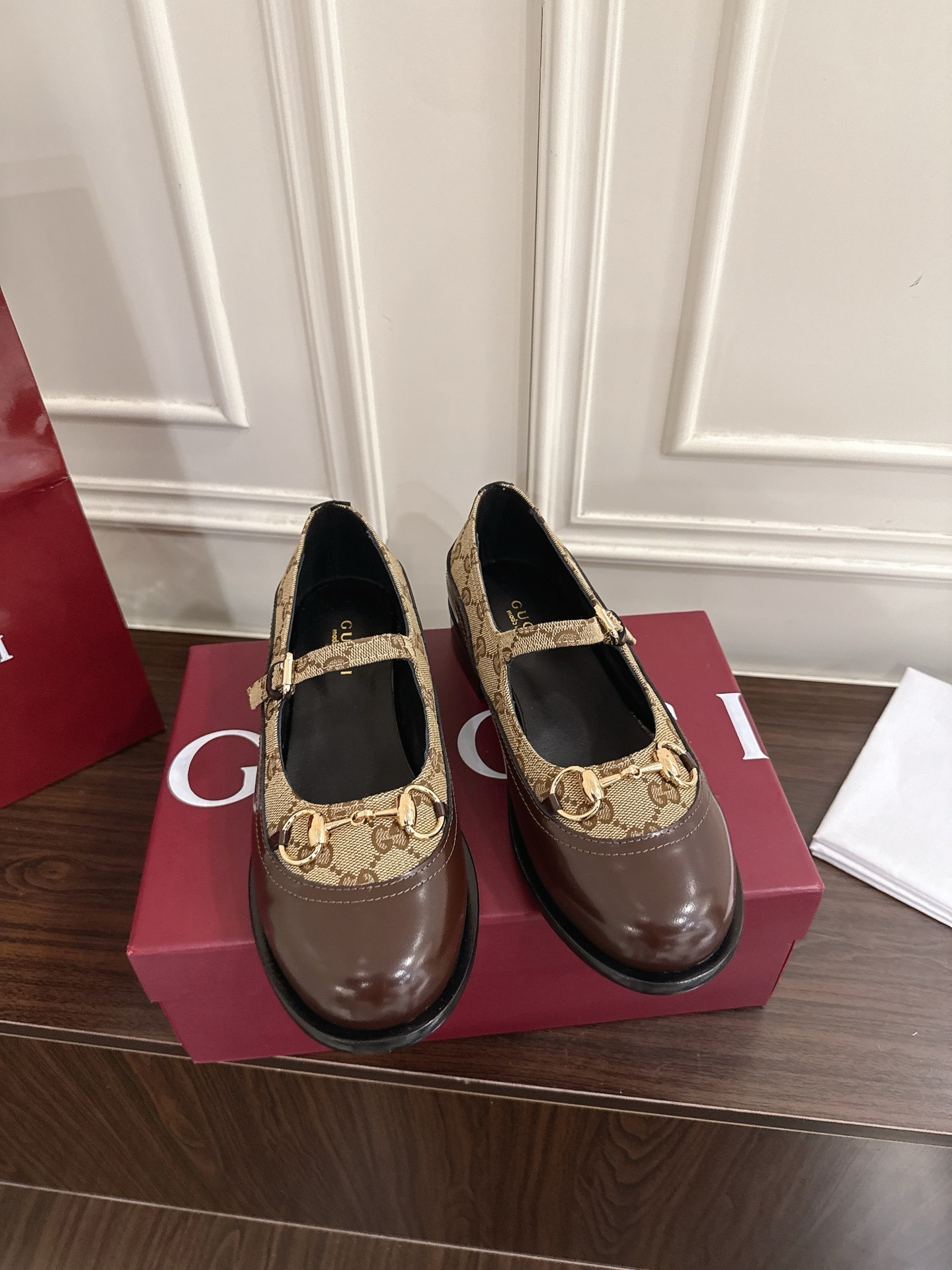 Gucci Brown Leather GG Canvas Mary Janes