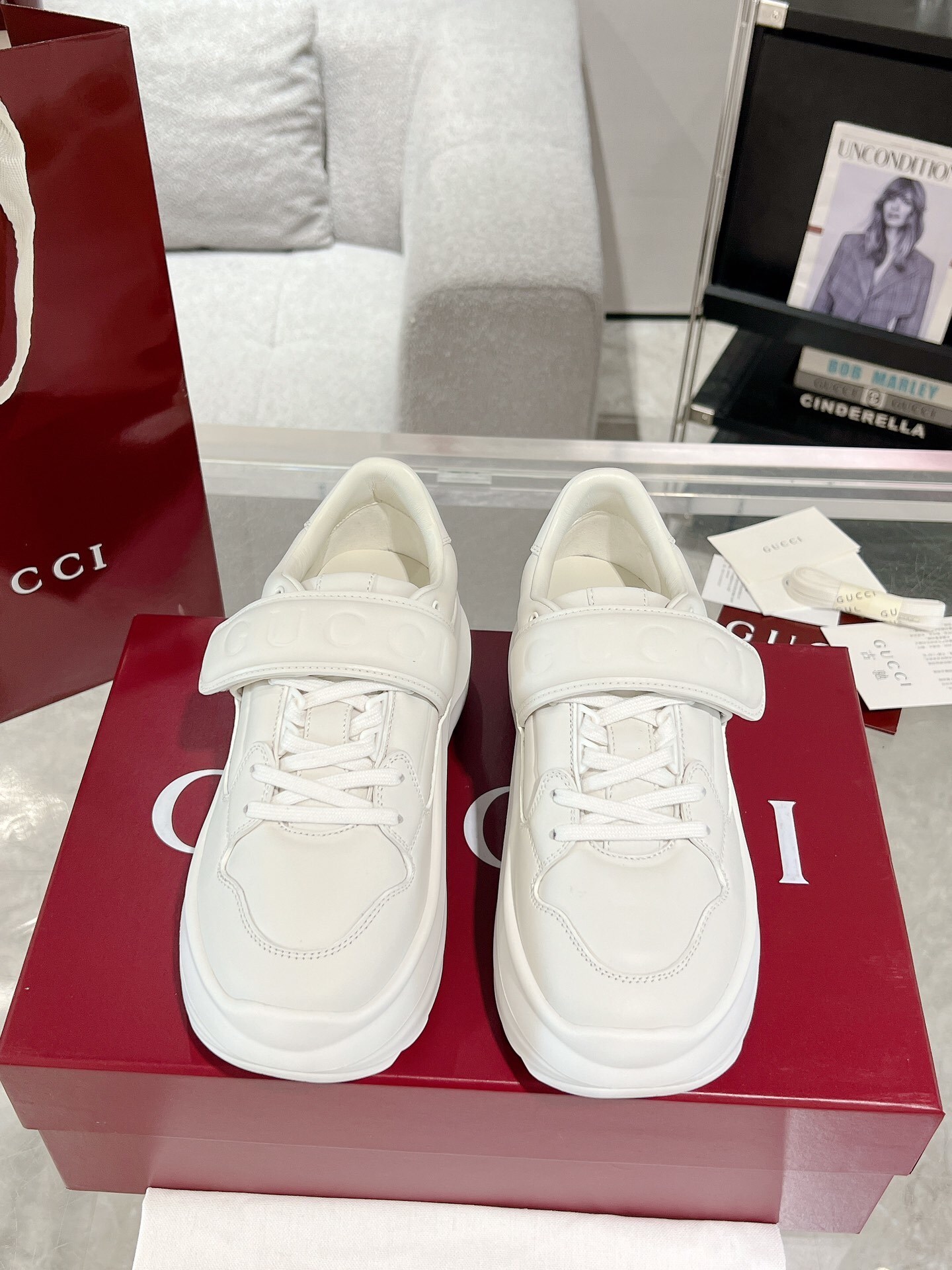 Gucci White Leather Velcro Sneakers