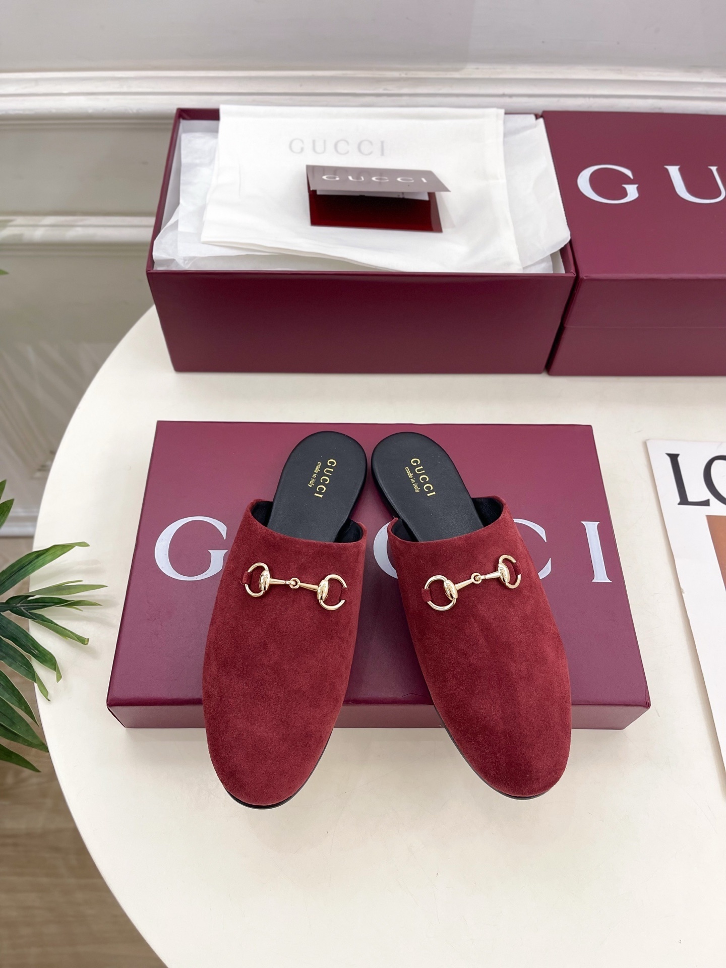 Gucci Burgundy Suede Horsebit Mules