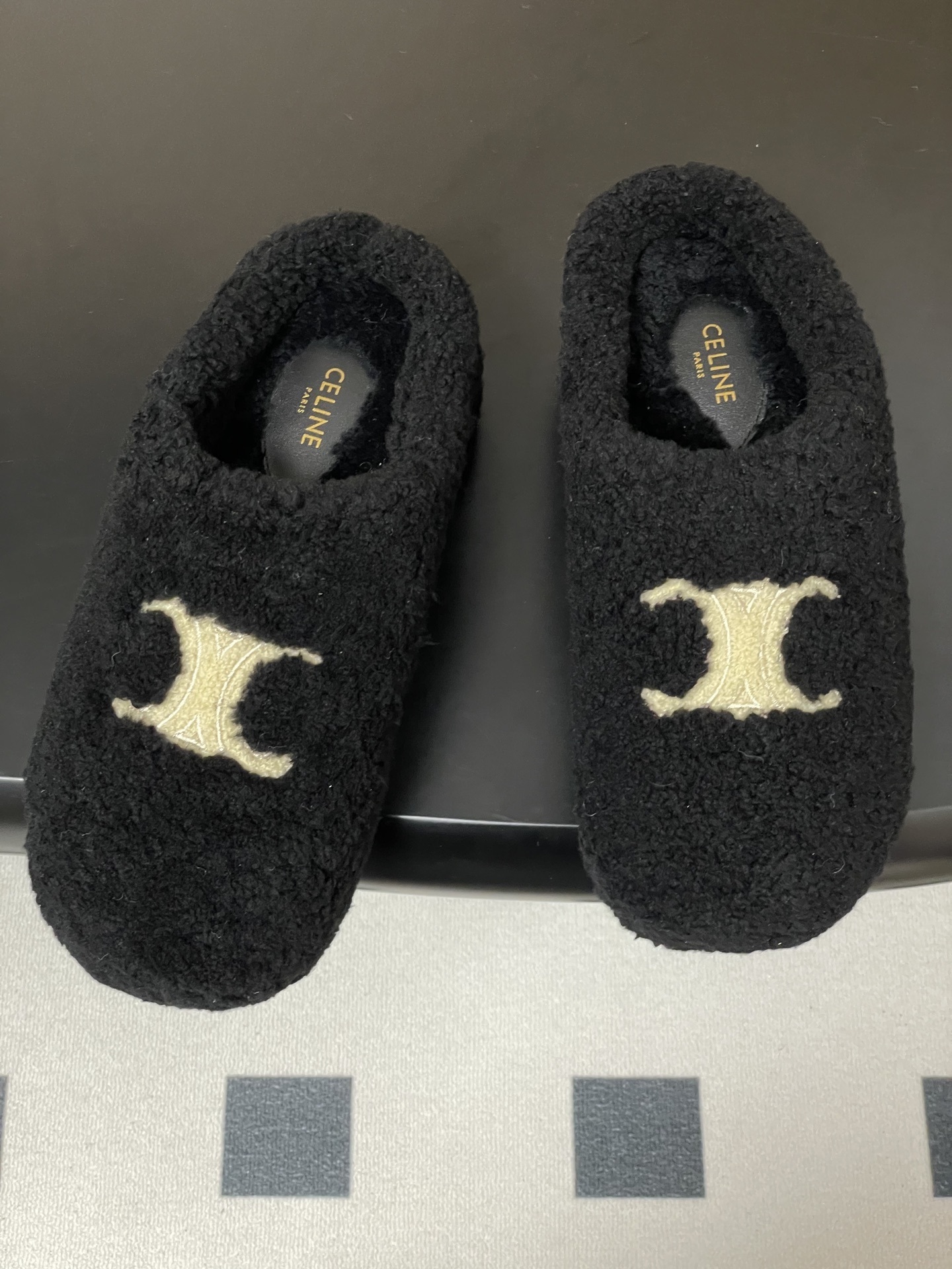 Celine Black Shearling Triomphe Slippers - Cozy Luxury