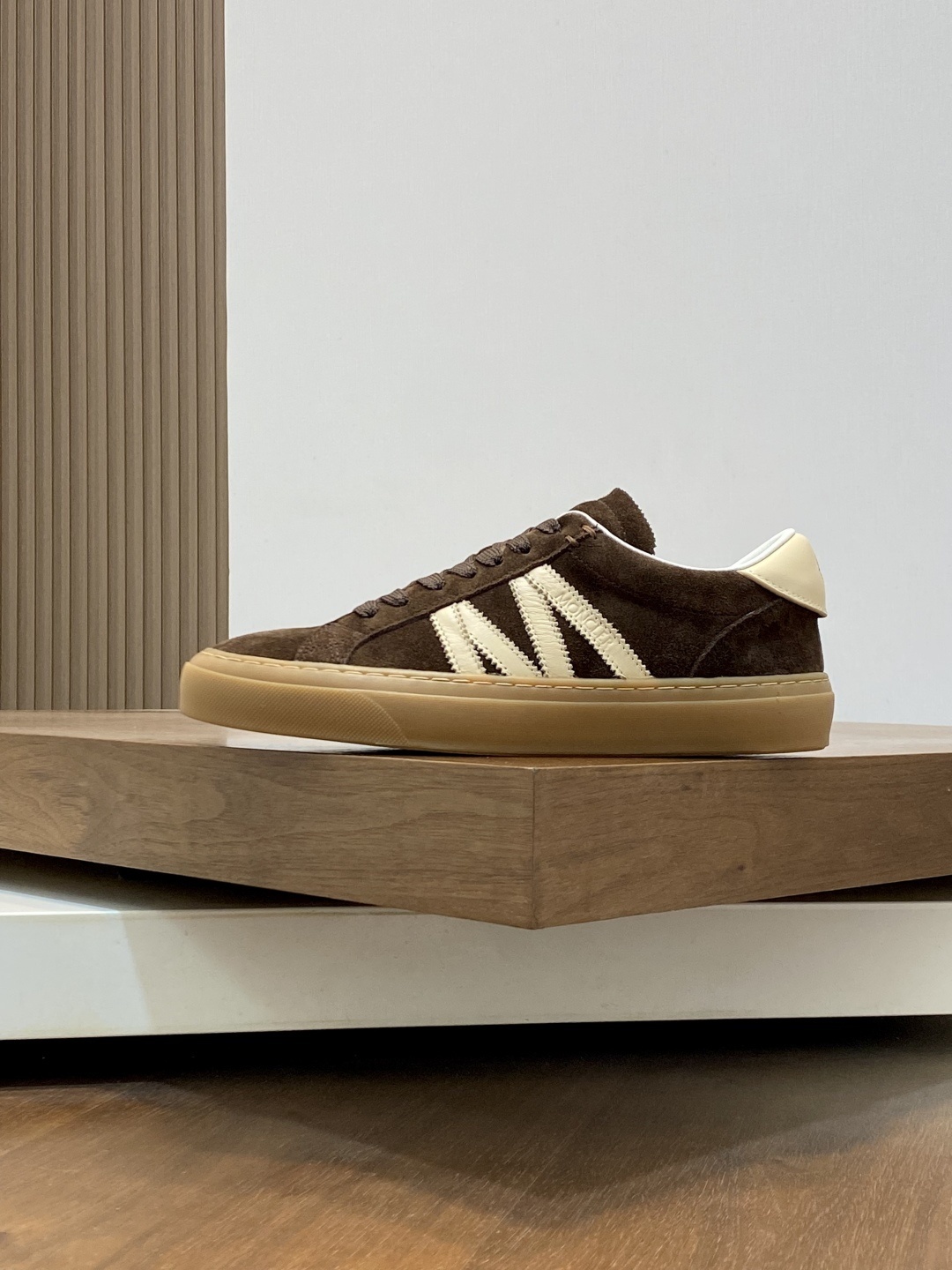 Moncler Brown Suede Sneakers cream stripe - Moncler Brown Suede