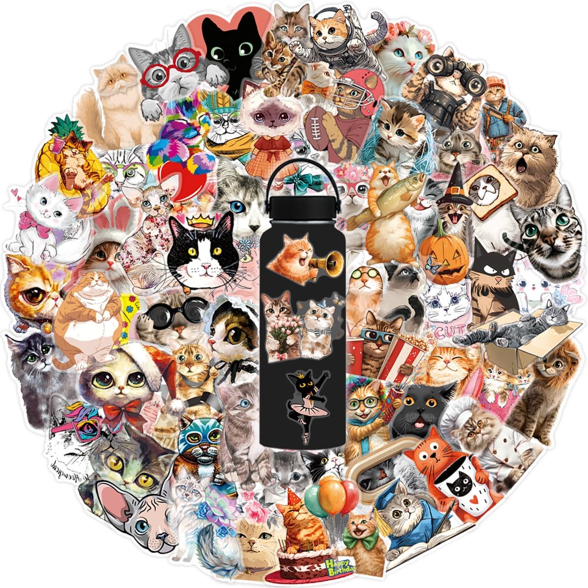 120 Pcs Funny Cats Stickers for Teens Adults Water Bottle Laptop Phone Case Scrapbooking Bike Luggage Classroom Rewards, Waterproof Sun-Proof Non-Fading Transparent Decals