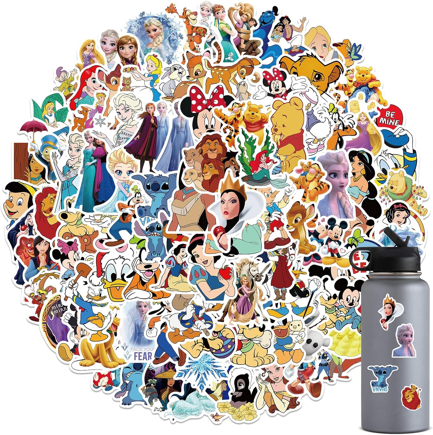 100 Disney Cartoon Stickers for Kids, Cute Princess Stickers for Girl Teen Adult Water Bottle, Skateboard, Phone, Laptop, Bicycle, Travel Case, Helmet, Guitar