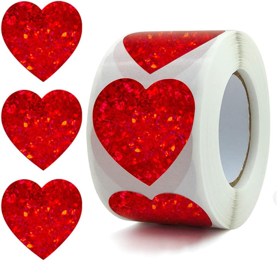 500pcs Glitter Heart Stickers Roll, Valentine Red 1.5 Inch, Love Stickers for Scrapbooking, Personalized Thank You (Heart)
