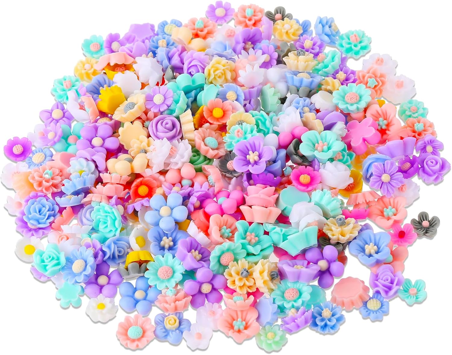 300PCS Flower Resin Charms Mini Cabochons Flatback Flower Beads Charms Mixed Colors Embellishment Tiny Flowers for Jewelry Making DIY Craft Scrapbooking Decor Cardmaking Phone Hair Accessories