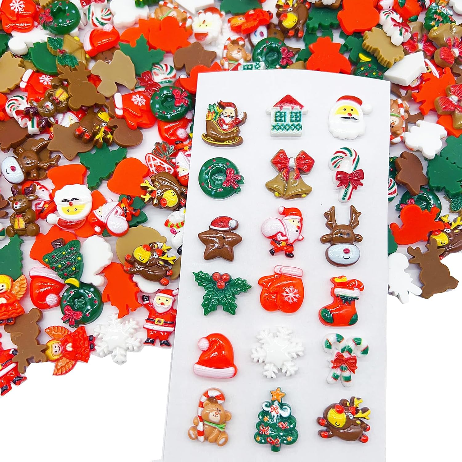 FULUSODO 100pcs Christmas Embellishments Set, Flat Back Bulk Mixed Resin Ornament Scrapbooking Set