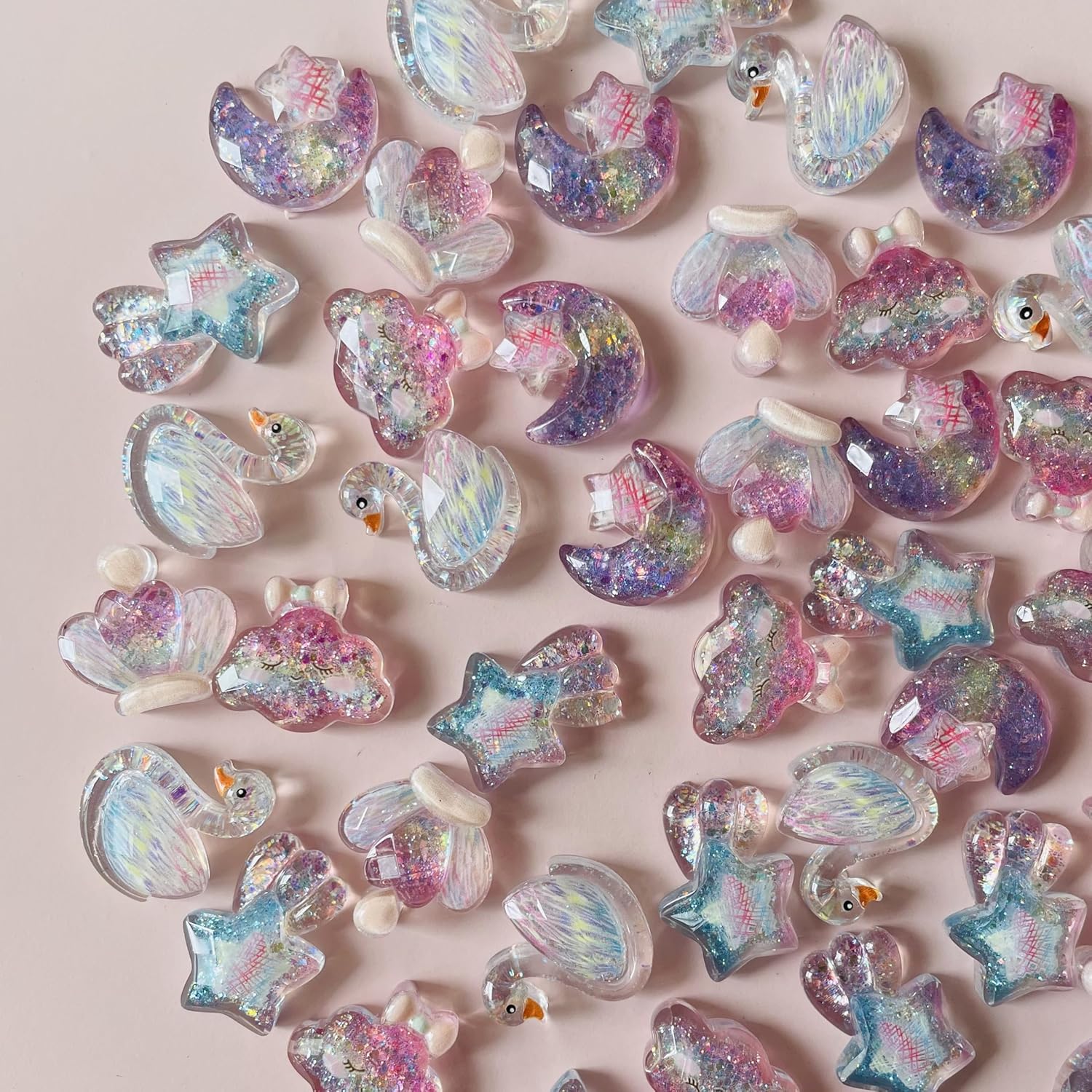 50 Pieces Shine Glitter Resin Embellishments Flatbacks for Crafts, Assorted Crown Cloud Moon Star Shape Resin Charms for DIY Handicraft, Phone Case,Scrapbooking