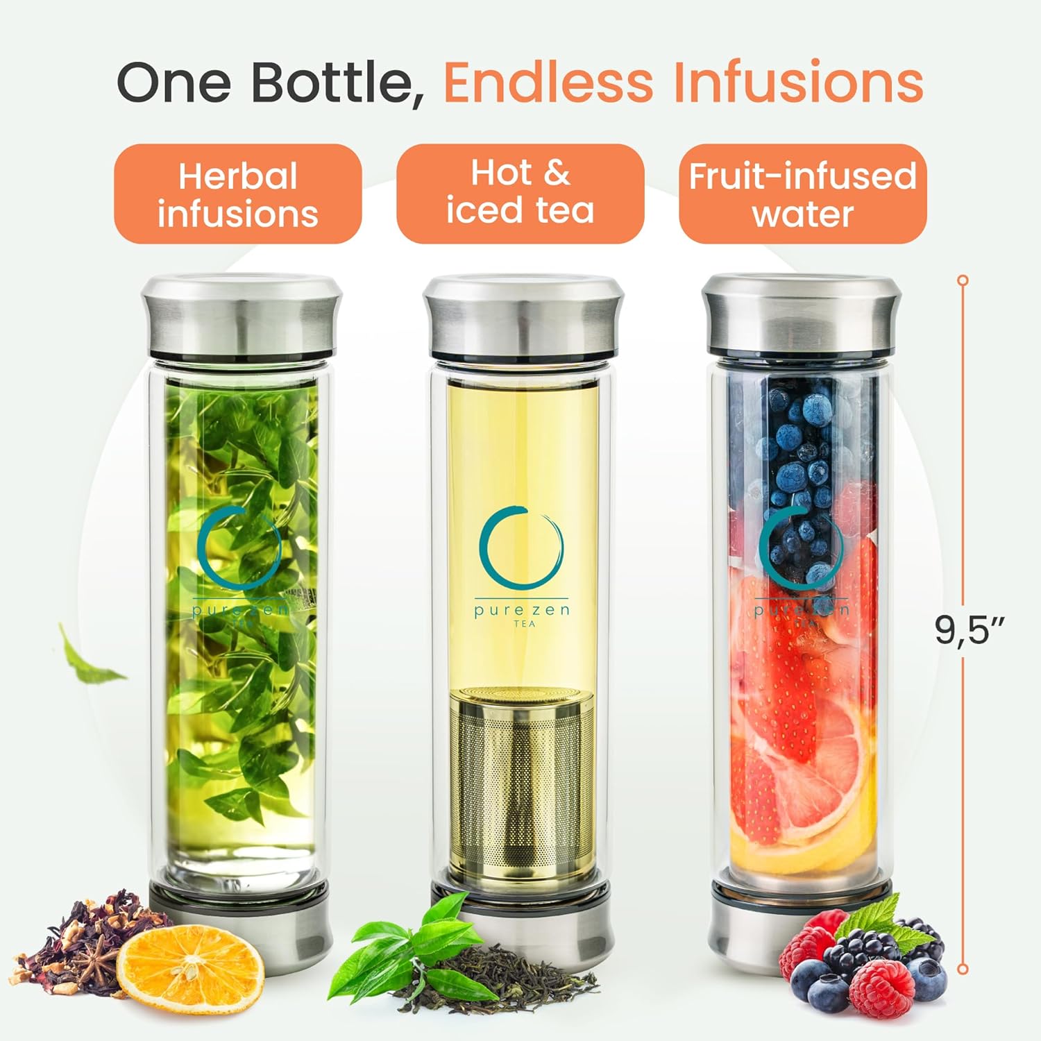 Alternative view of Pure Zen Tea Tumbler with Infuser - Double Wall Glass Travel Mug with Stainless Steel Filter - Leakproof Tea Infuser Bottle for Loose Leaf Infusions and Fruit Infused Water - Unique Gift Set - 13 oz
