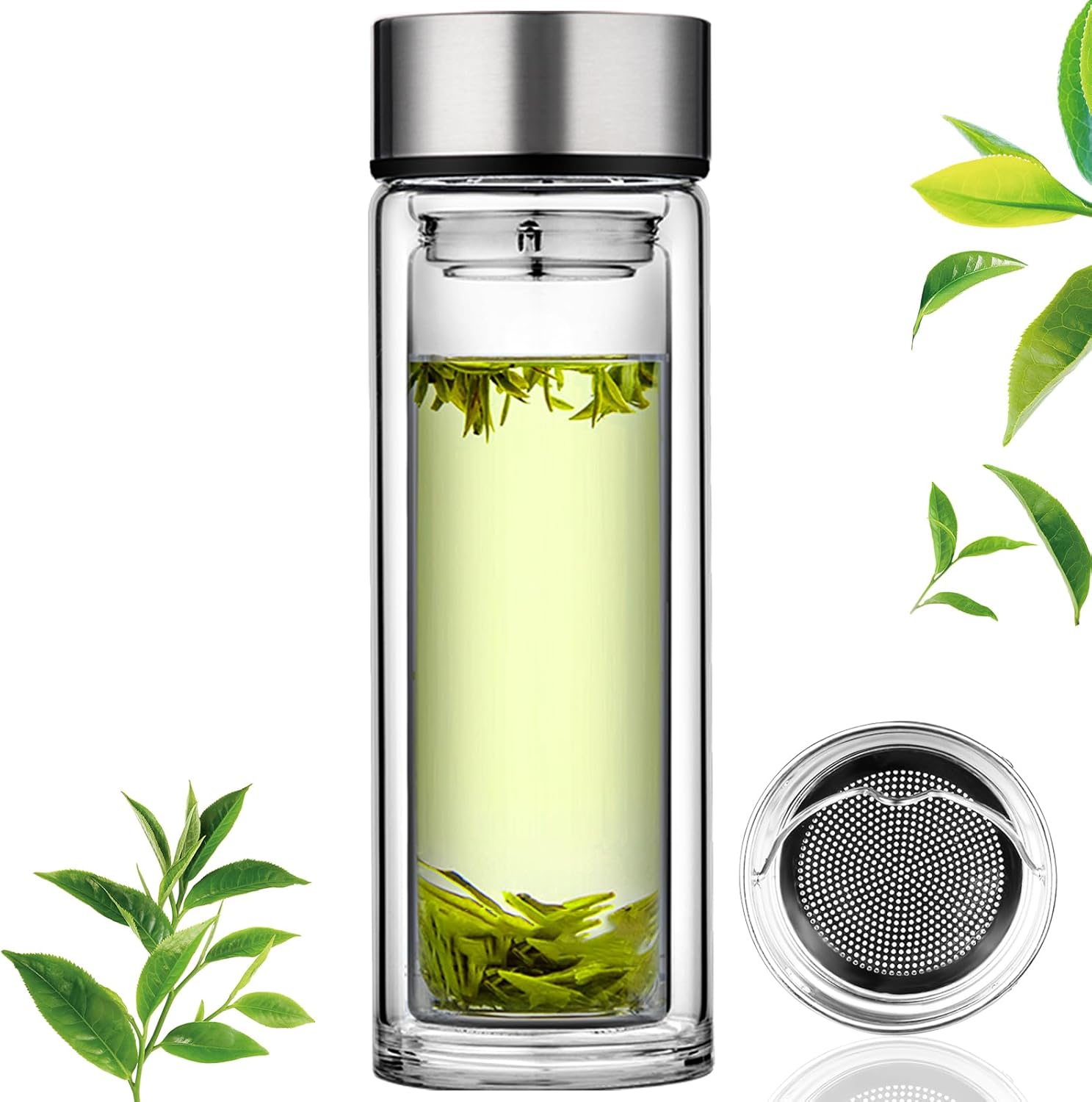 PARACITY Glass Tea Infuser Bottle Tea Flood Cup 12oz/350ml, Double Wall Borosilicate Portable Travel Tumbler Mug Leakproof for Loose Leaf Flower Herbal Tea Bags