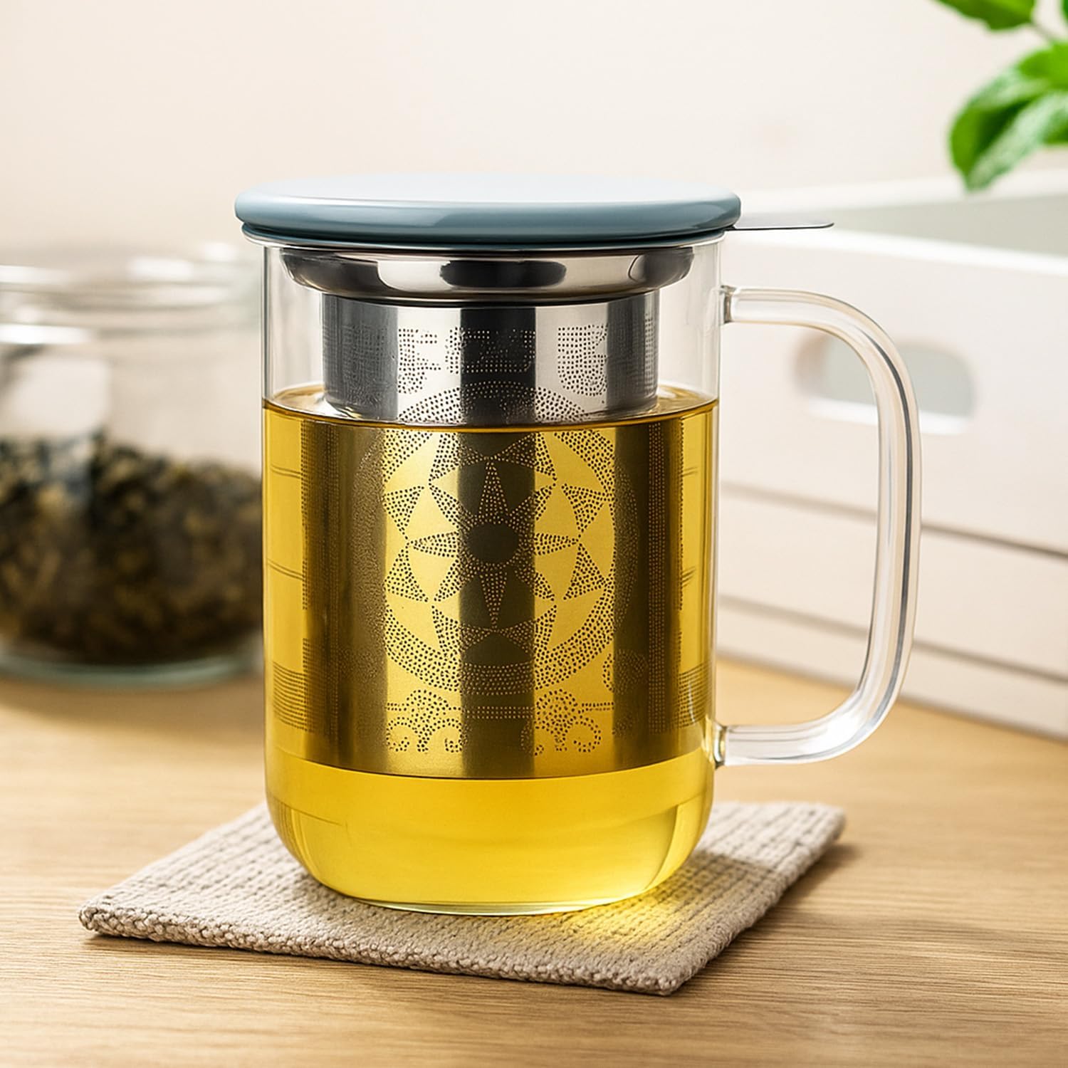 Alternative view of Aquach Tea Cup with Infuser and Lid, 18oz Borosilicate Glass Mug for Loose Leaf, Blooming Tea, Microwave & Dishwasher Safe - Ideal for Home Office Use, Gift for Tea Lovers