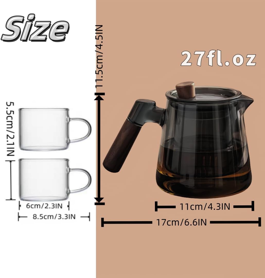 Borosilicate Glass Teapot Set with 6 Colorful Handle Teacups, Wooden Handle, Removable Infuser, Stovetop Safe for Loose Leaf Tea Brewing, 650ML/21.9oz - Image 3