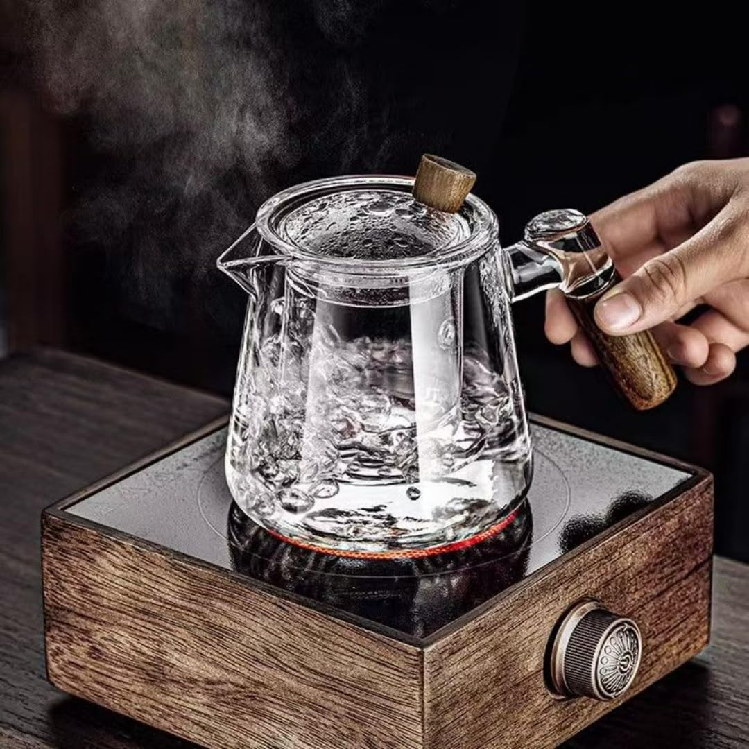 Borosilicate Glass Teapot Set with 6 Colorful Handle Teacups, Wooden Handle, Removable Infuser, Stovetop Safe for Loose Leaf Tea Brewing, 650ML/21.9oz - Image 6