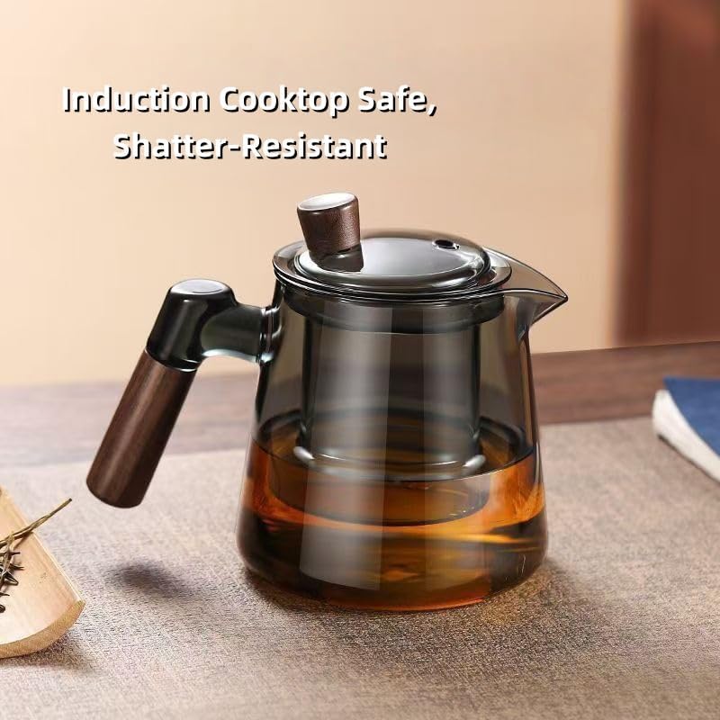 Borosilicate Glass Teapot Set with 6 Colorful Handle Teacups, Wooden Handle, Removable Infuser, Stovetop Safe for Loose Leaf Tea Brewing, 650ML/21.9oz - Image 8