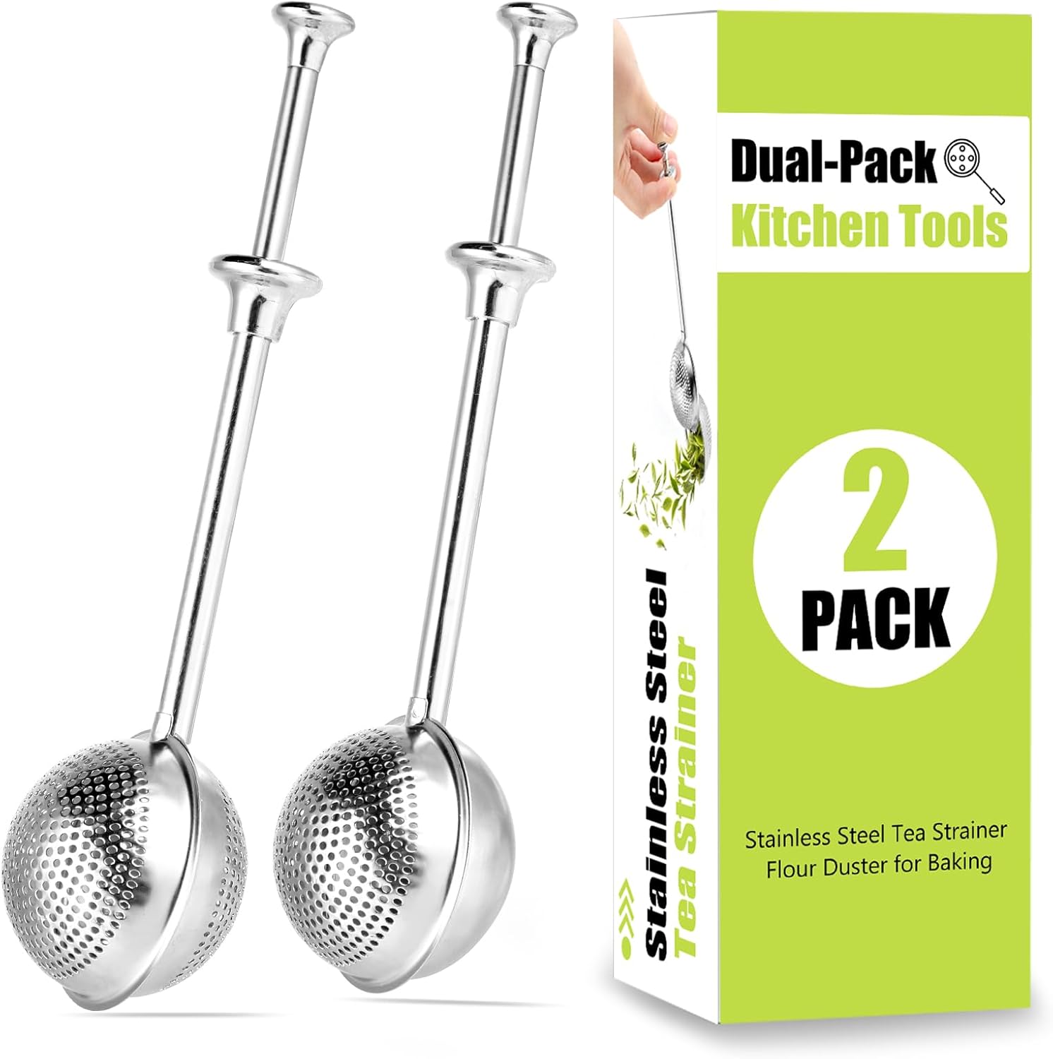 Stainless Steel 2-Pack Tea Infuser & Flour Duster for Bread Baking Set - Full-Open Loose Leaf Tea Steeper + Half-Sieve for Loose Tea/Flour/Spices, Dishwasher Safe
