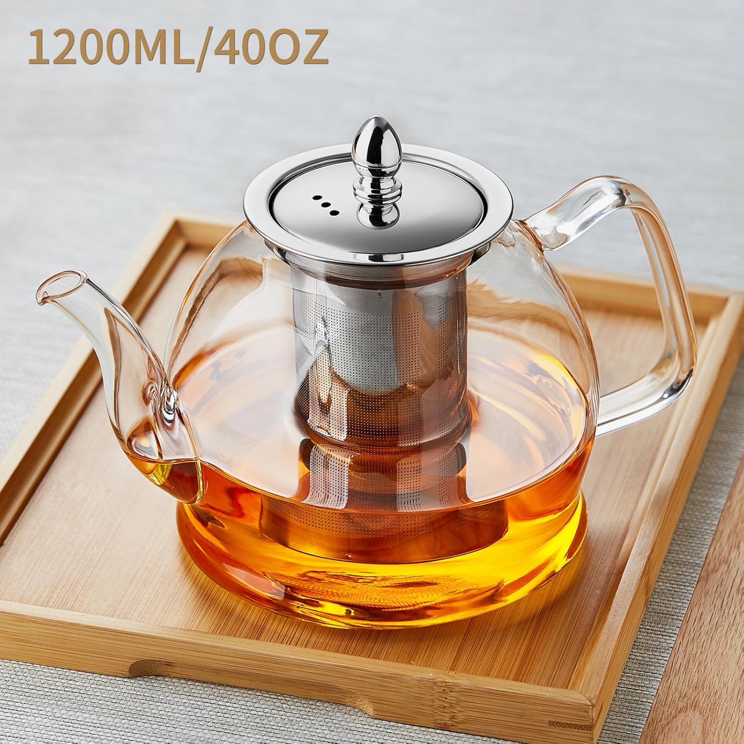 Alternative view of 1200ml Glass Teapot with Removable Infuser, Stovetop Safe Tea Kettle, Blooming and Loose Leaf Tea Maker Set
