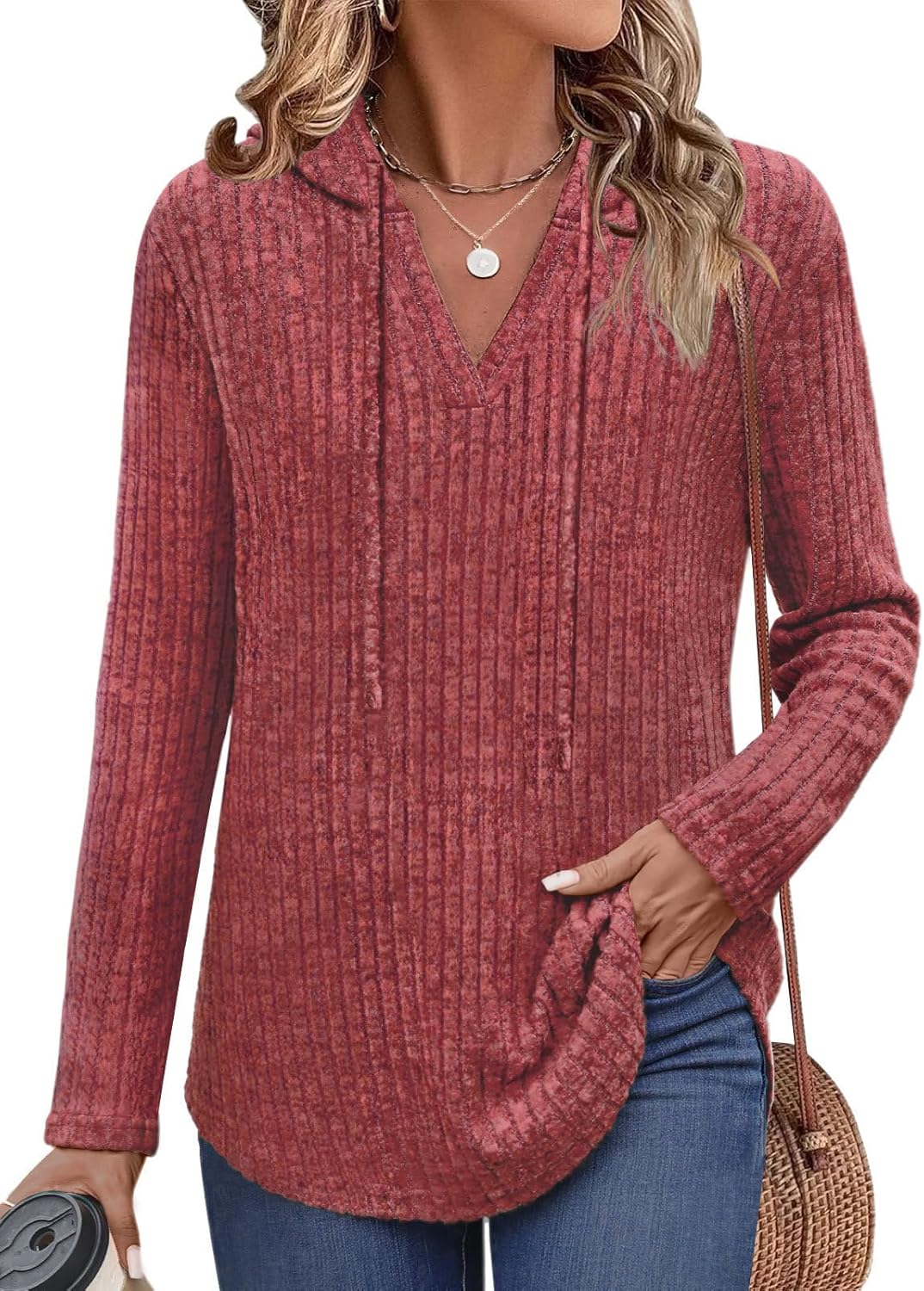 Alternative view of Lylinan Womens Long Sleeve Knit Hoodies V Neck Pullover Tops Ribbed Sweaters Fall Fashion Clothes S-XXL