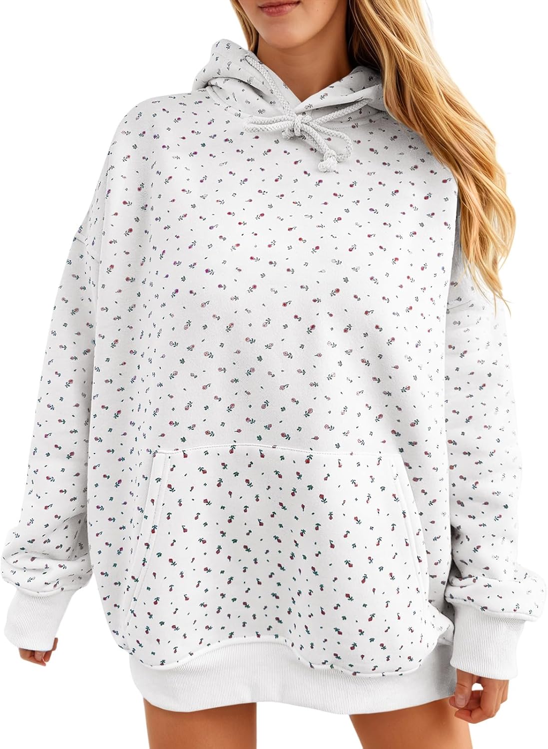 Fisoew Womens Hoodies Oversized Floral Sweatshirts Casual Long Sleeve Pullover Loose Fit Drawstring Hooded Tops