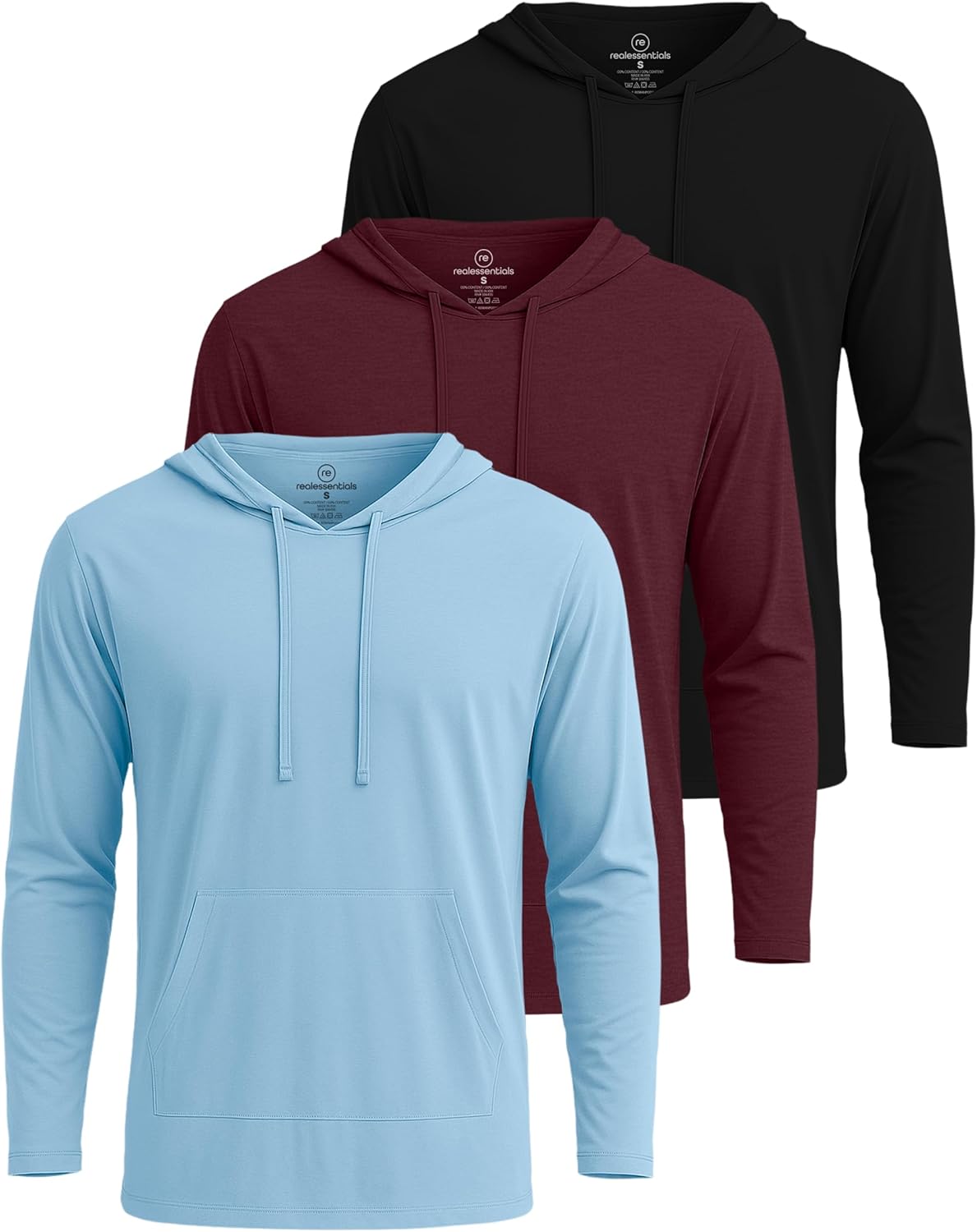 Real Essentials 3 Pack: Men's Cotton Lightweight Casual Pullover Drawstring Hoodie With Pocket (Available In Big & Tall) - Image 3