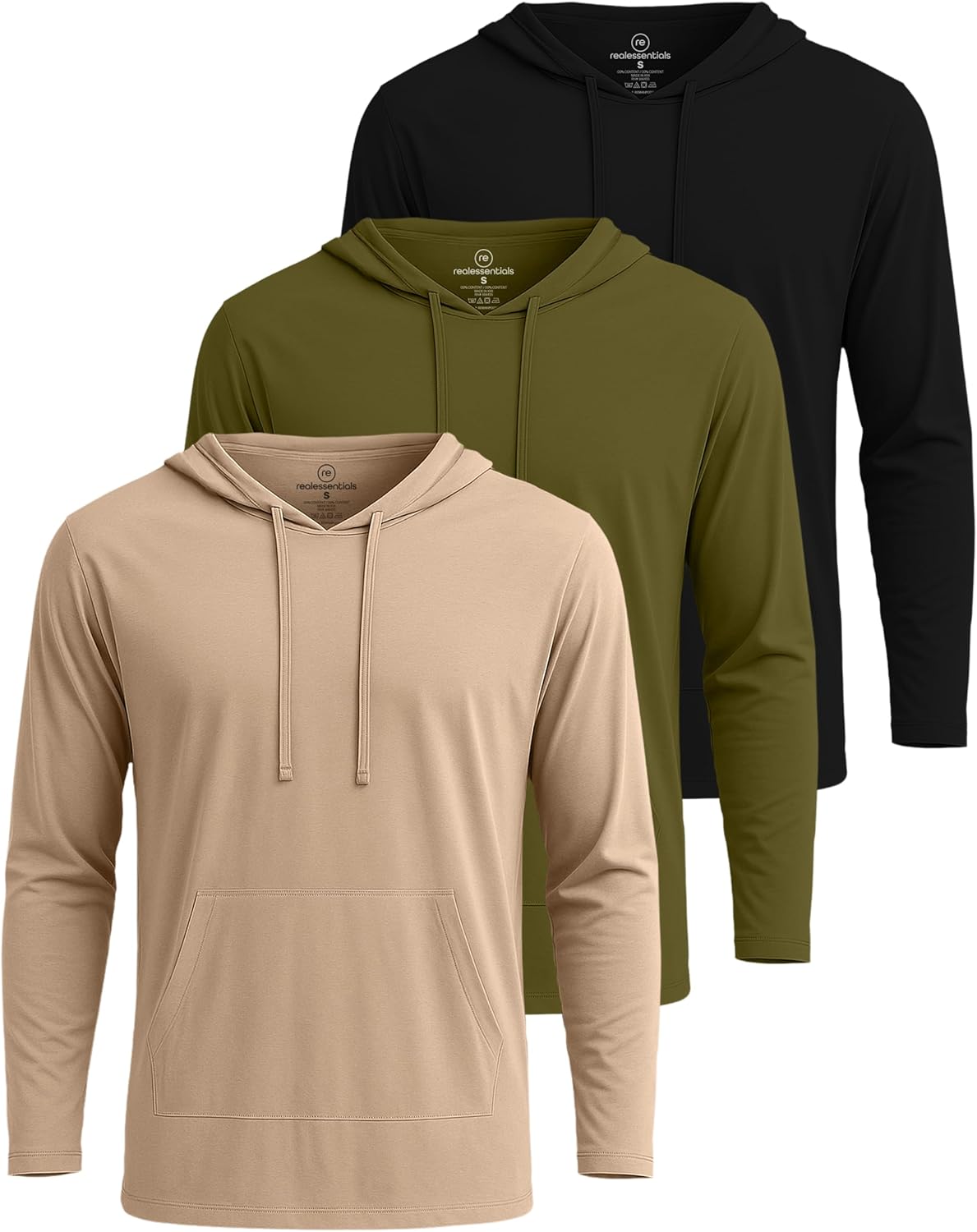 Real Essentials 3 Pack: Men's Cotton Lightweight Casual Pullover Drawstring Hoodie With Pocket (Available In Big & Tall) - Image 5
