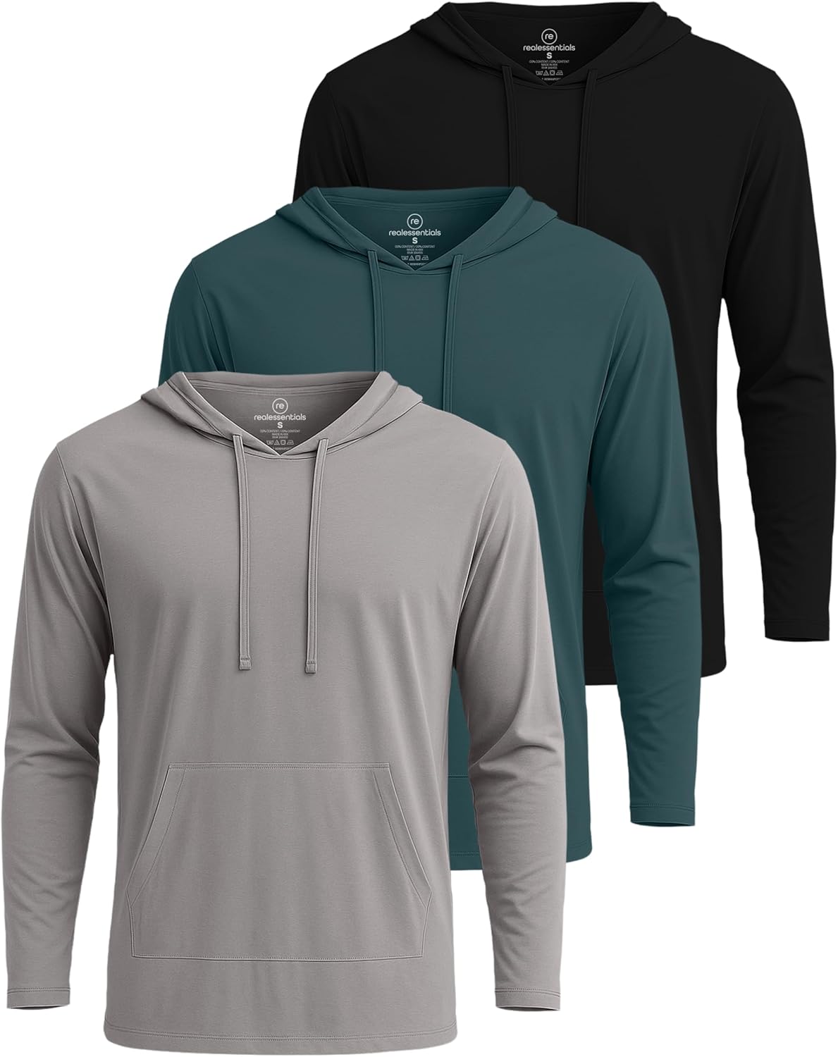 Real Essentials 3 Pack: Men's Cotton Lightweight Casual Pullover Drawstring Hoodie With Pocket (Available In Big & Tall)
