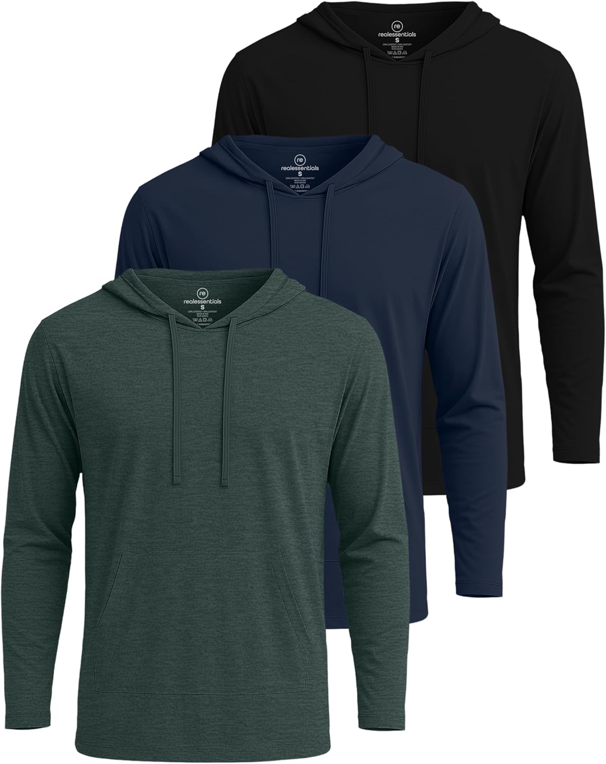 Real Essentials 3 Pack: Men's Cotton Lightweight Casual Pullover Drawstring Hoodie With Pocket (Available In Big & Tall) - Image 4