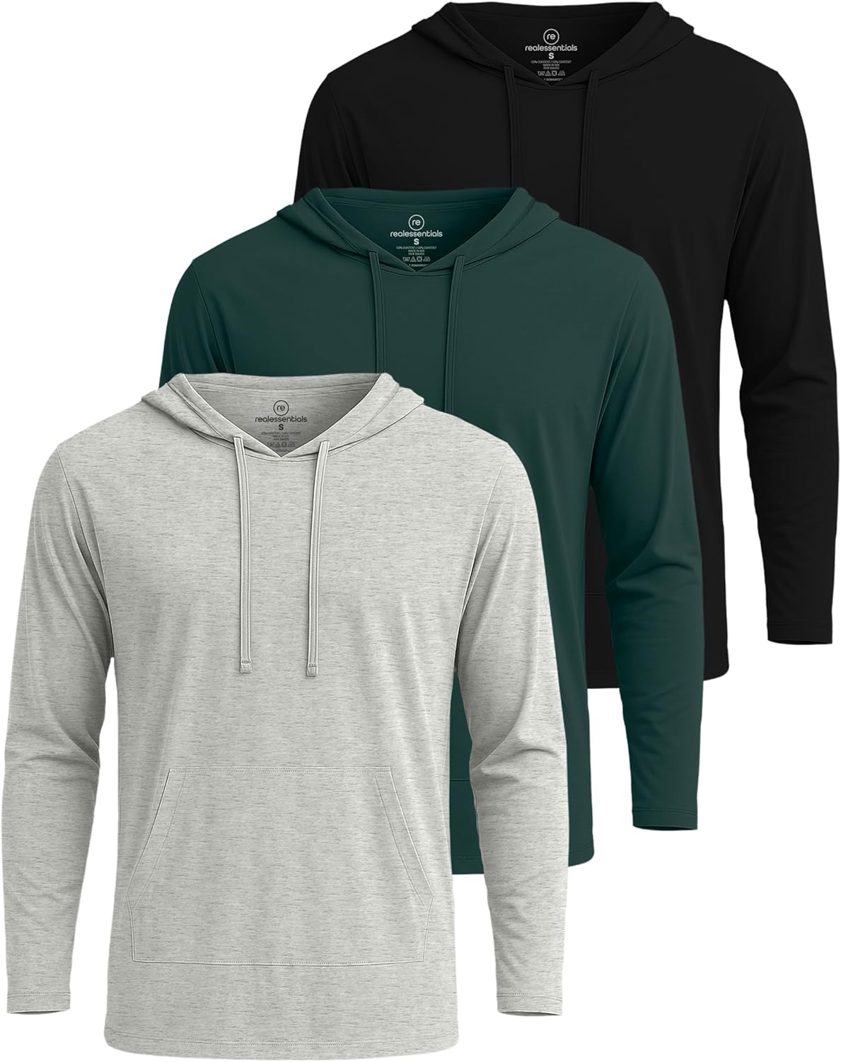 Alternative view of Real Essentials 3 Pack: Men's Cotton Lightweight Casual Pullover Drawstring Hoodie With Pocket (Available In Big & Tall)