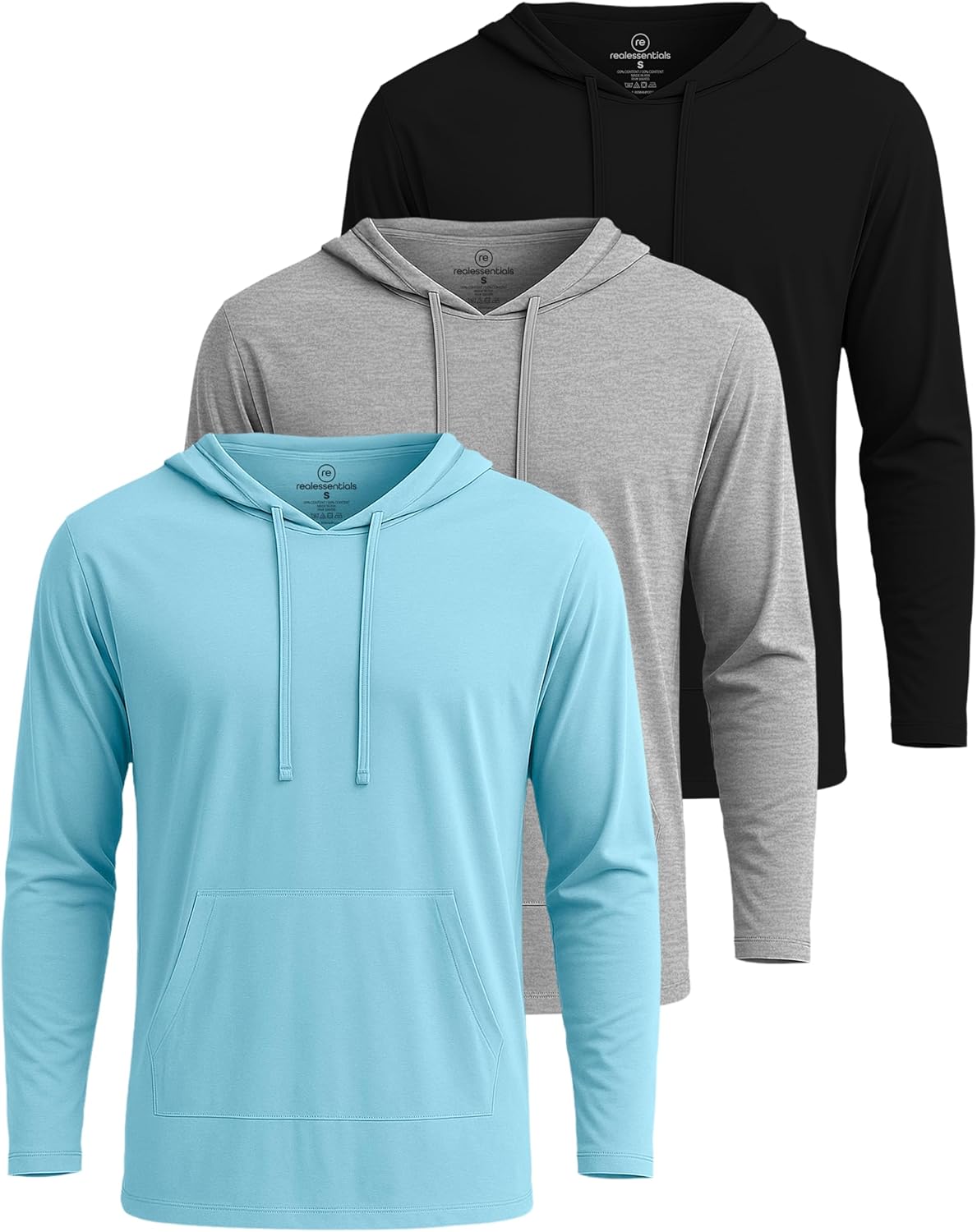 Real Essentials 3 Pack: Men's Cotton Lightweight Casual Pullover Drawstring Hoodie With Pocket (Available In Big & Tall) - Image 7